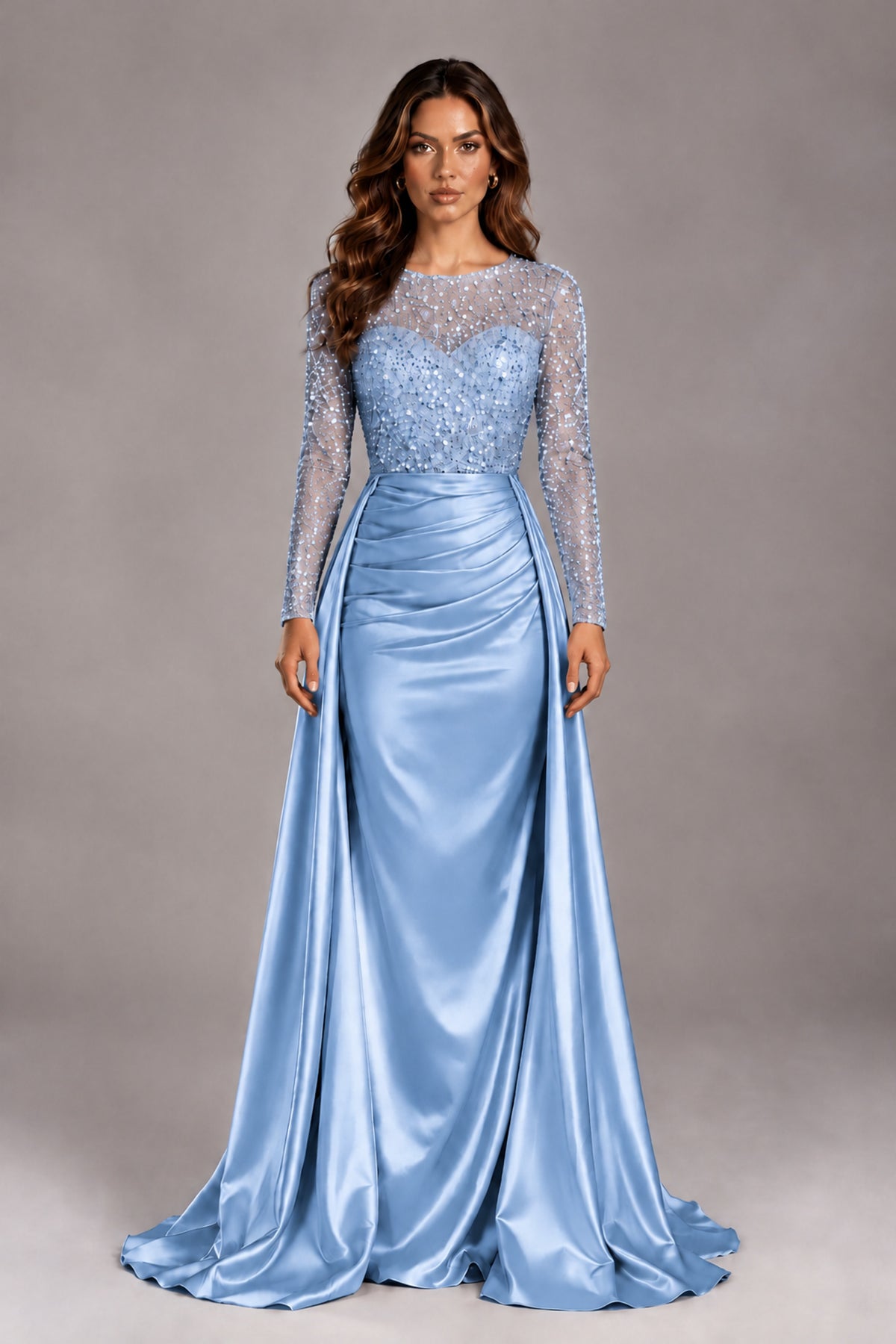 BOLODOO Light Blue Long Sleeve Embellished Satin Evening Gown with Sweep Train - Light Blue - Light Blue_1