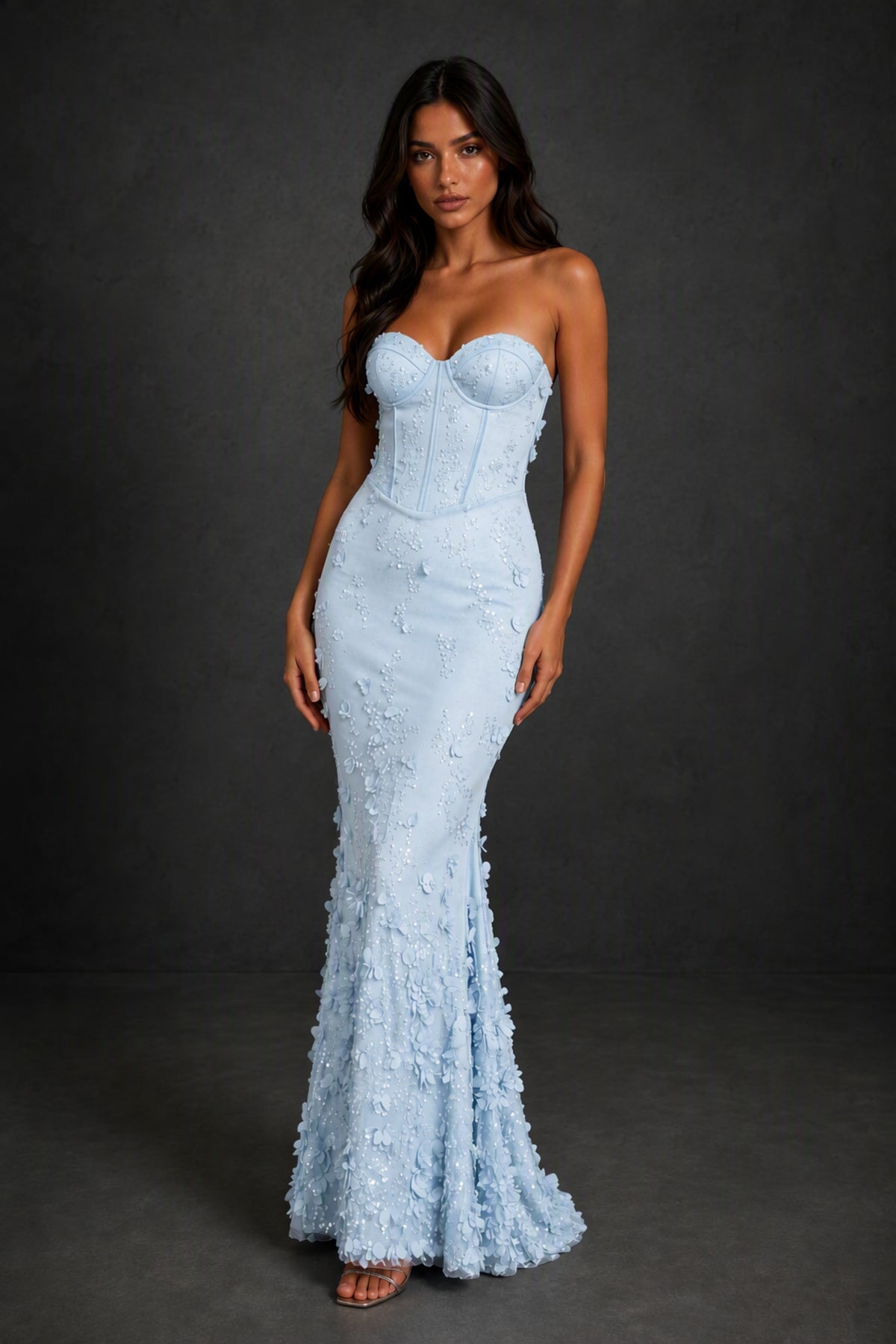 BOLODOO Light Blue 3D Floral Sequin Corset Strapless Mermaid Gown - Light Blue