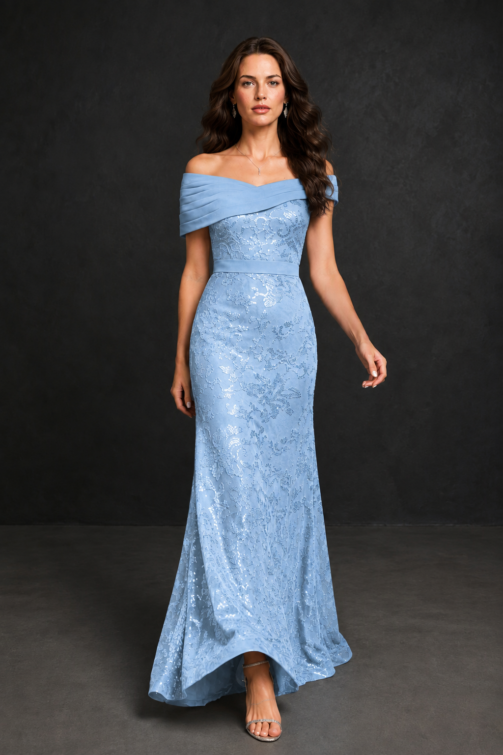 BOLODOO Light Blue Off-Shoulder Sequin Lace Mermaid Evening Gown | Mother of the Bride Formal Dress - Light Blue