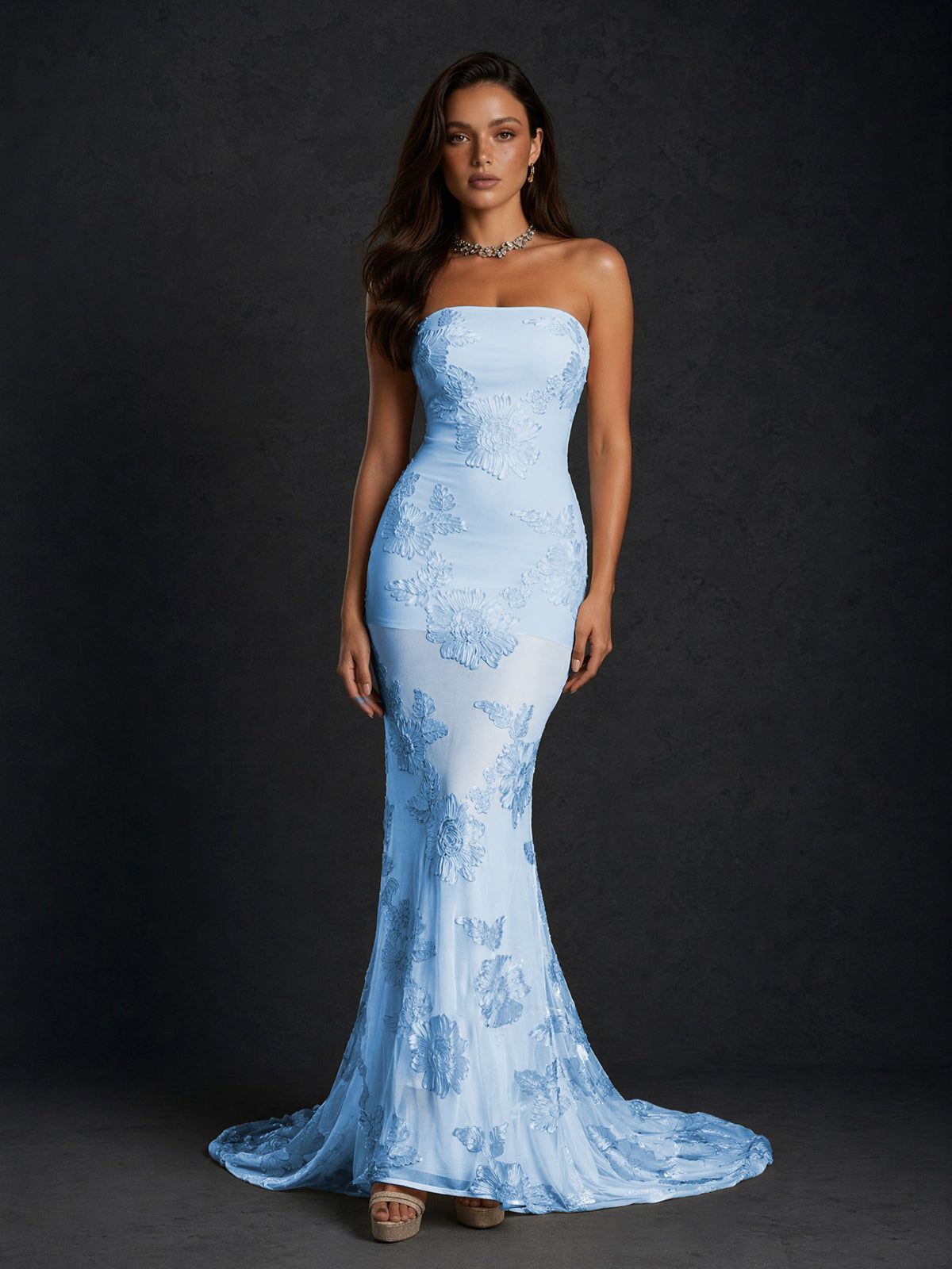 BOLODOO Light Blue Champagne Gold Floral Sequin Embroidered Mesh Strapless Open Back Mermaid Maxi Dress with Train - Light Blue