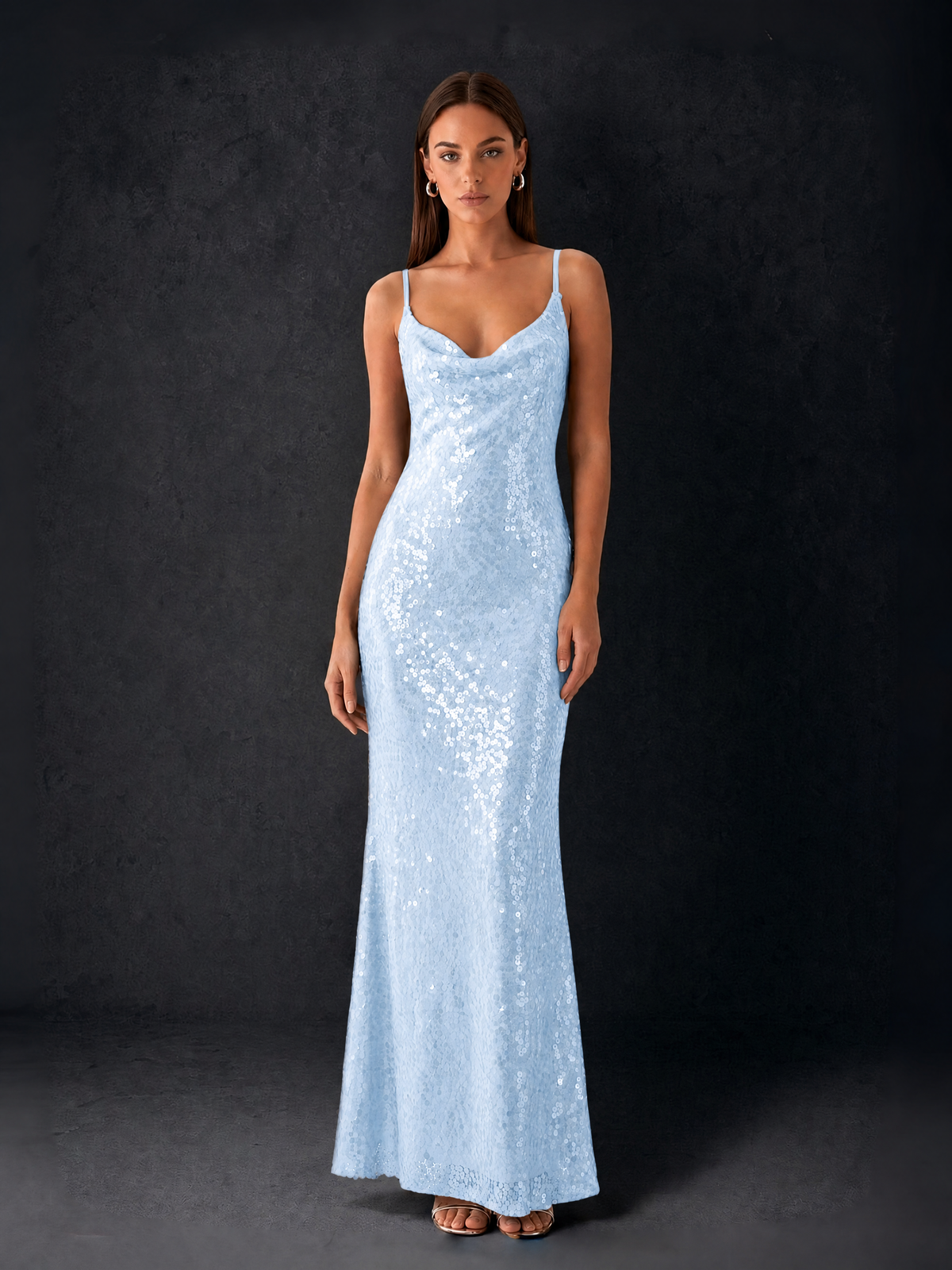 BOLODOO Bronze Sequin Cowl Neck Spaghetti Strap Mermaid Maxi Dress with Open Criss-Cross Back - Light Blue - Light Blue