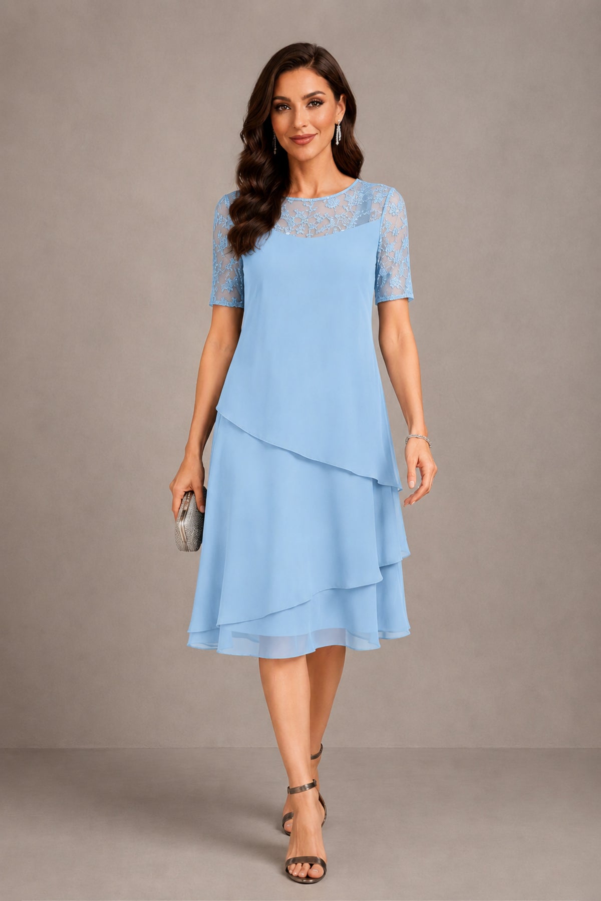 BOLODOO Light Blue Illusion Lace Short Sleeve Tiered Chiffon Tea Length Dress | Mother of the Bride Midi Dress - Light Blue