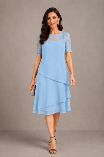 BOLODOO Light Blue Illusion Lace Short Sleeve Tiered Chiffon Tea Length Dress | Mother of the Bride Midi Dress - Light Blue