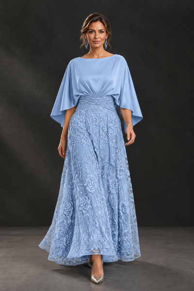 BOLODOO Light Blue Cape Sleeve Floral Mother of the Bride Dress - Light Blue - Light Blue_1