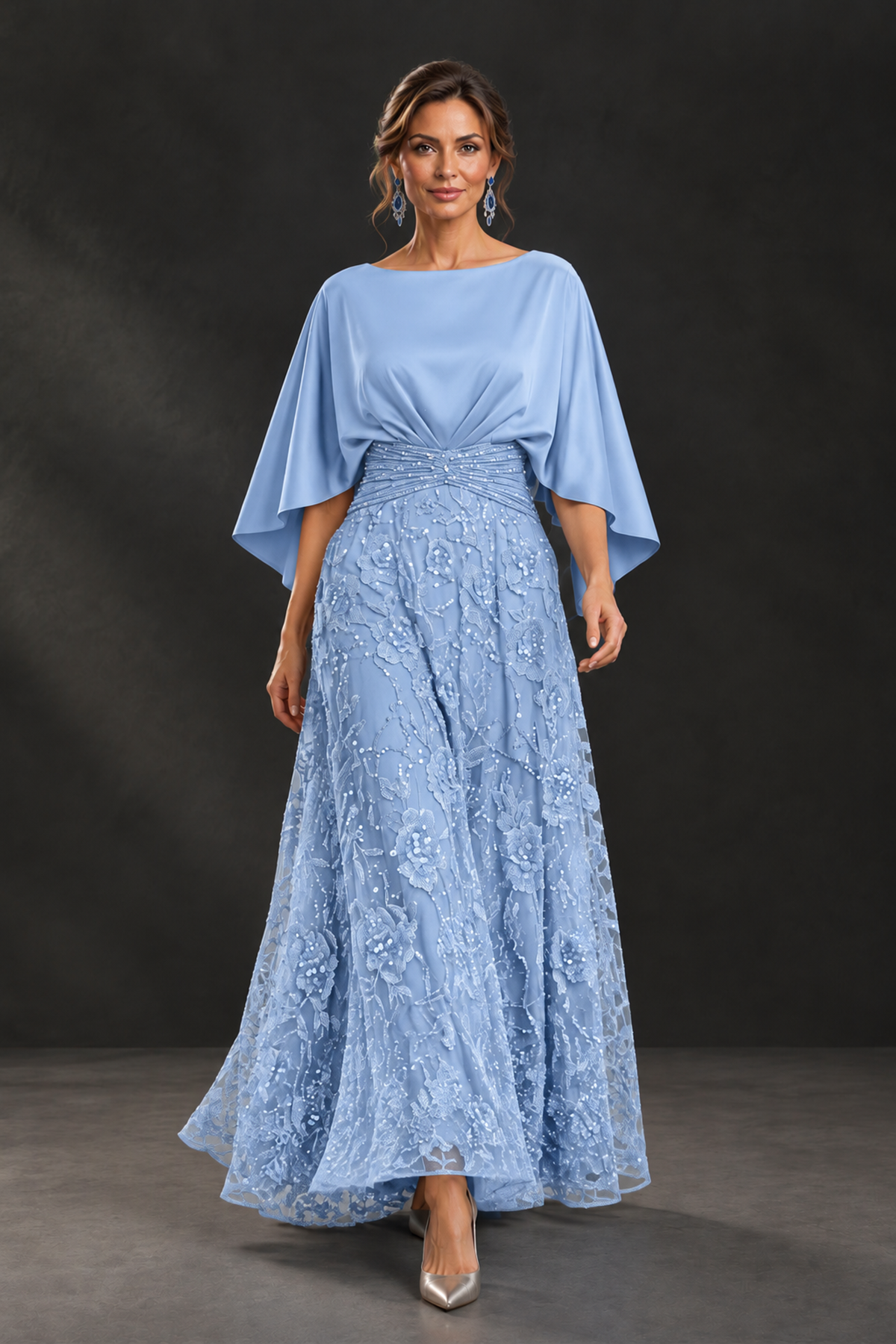 BOLODOO Light Blue Cape Sleeve Floral Mother of the Bride Dress - Light Blue - Light Blue_1