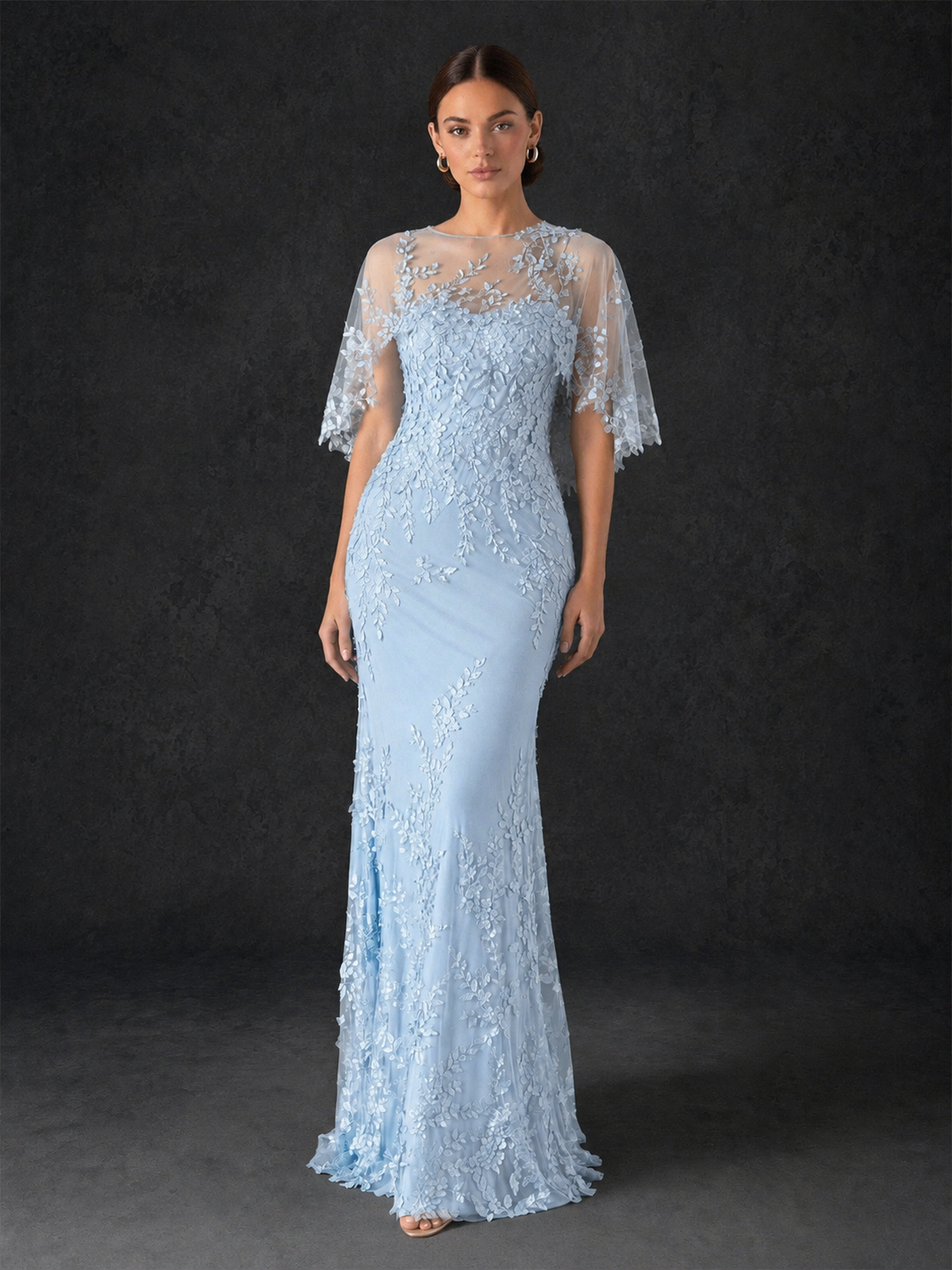 BOLODOO Mocha Light Blue Botanical Lace Flutter Sleeve Mermaid Gown - Light Blue