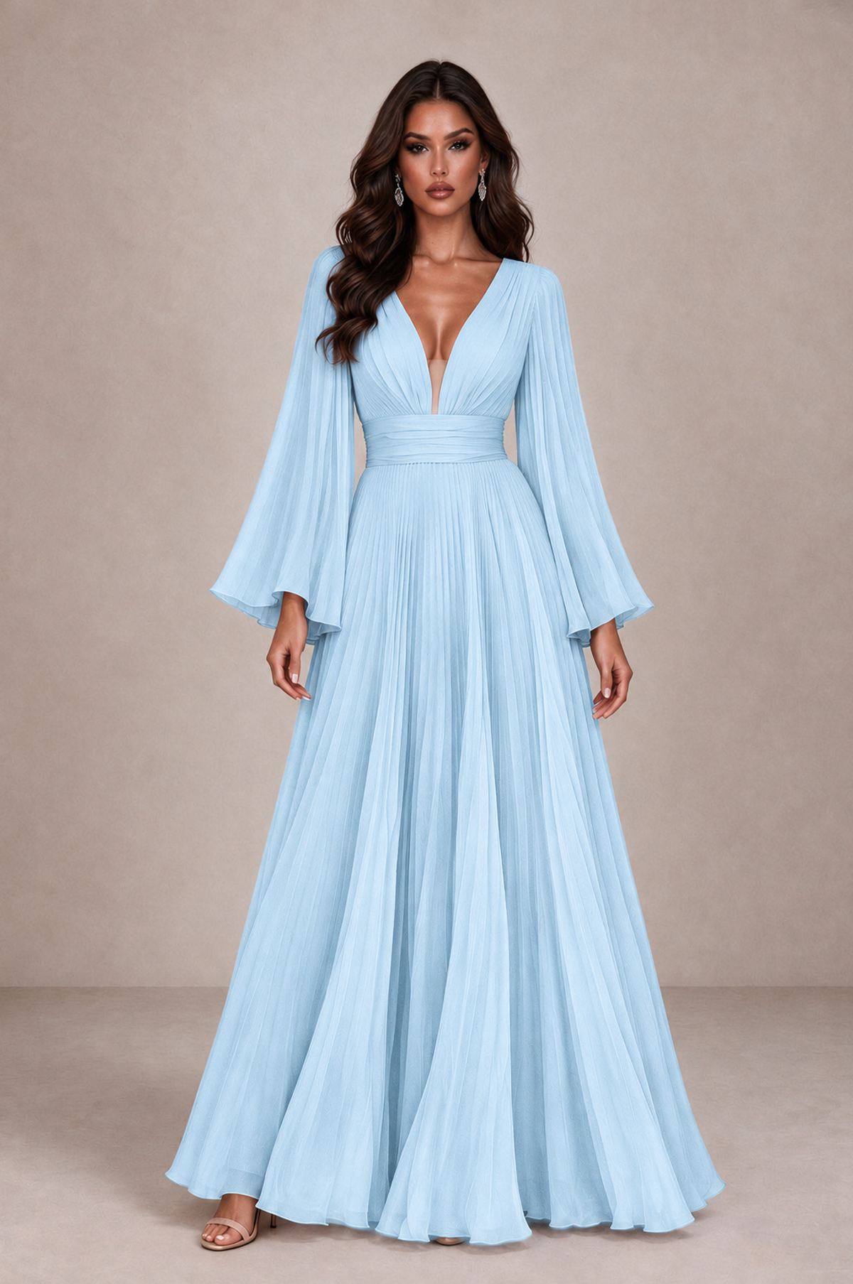 BOLODOO Light Blue Pleated Deep V-Neck Long Bell Sleeve Evening Dress - Light Blue - Light_Blue_1