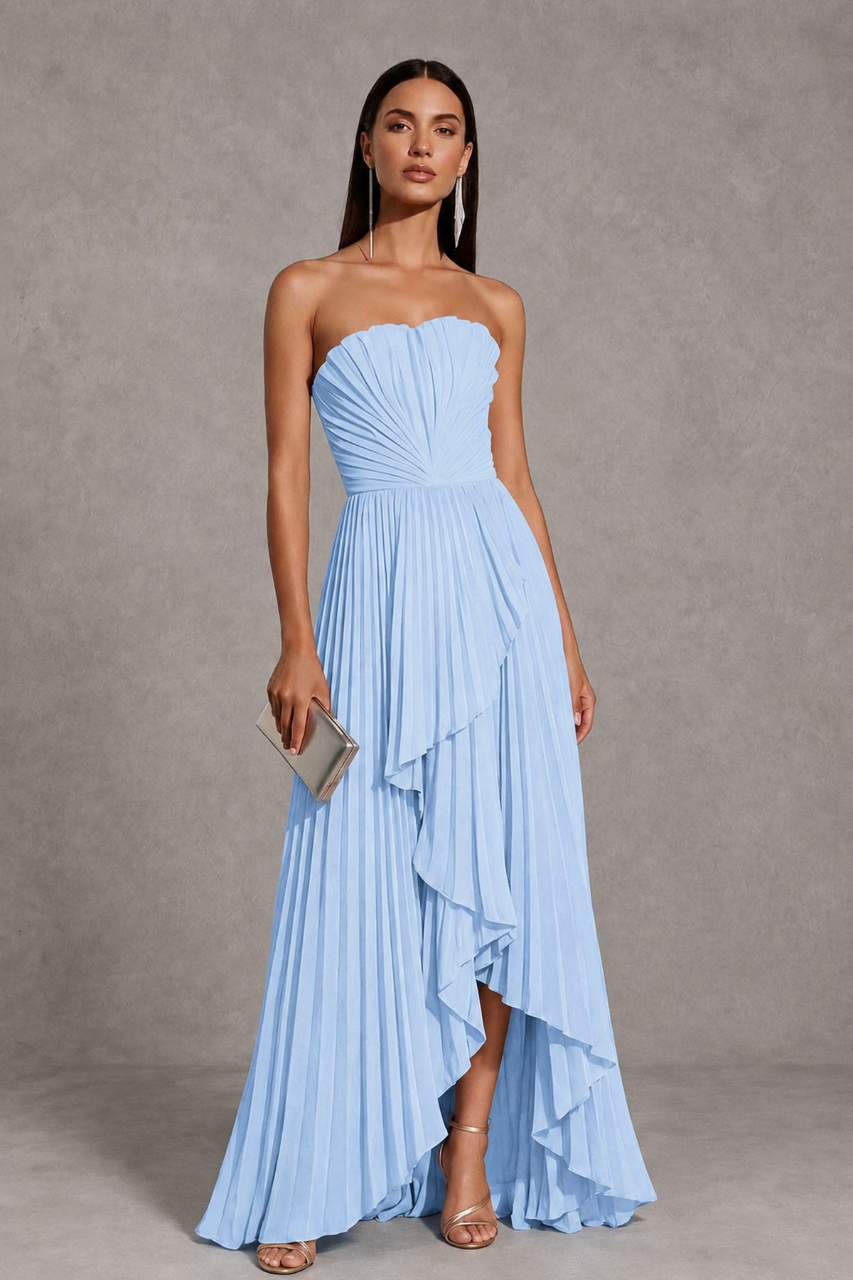 Light Blue Strapless Pleated High-Low Evening Gown with Ruffle Hem - Light Blue