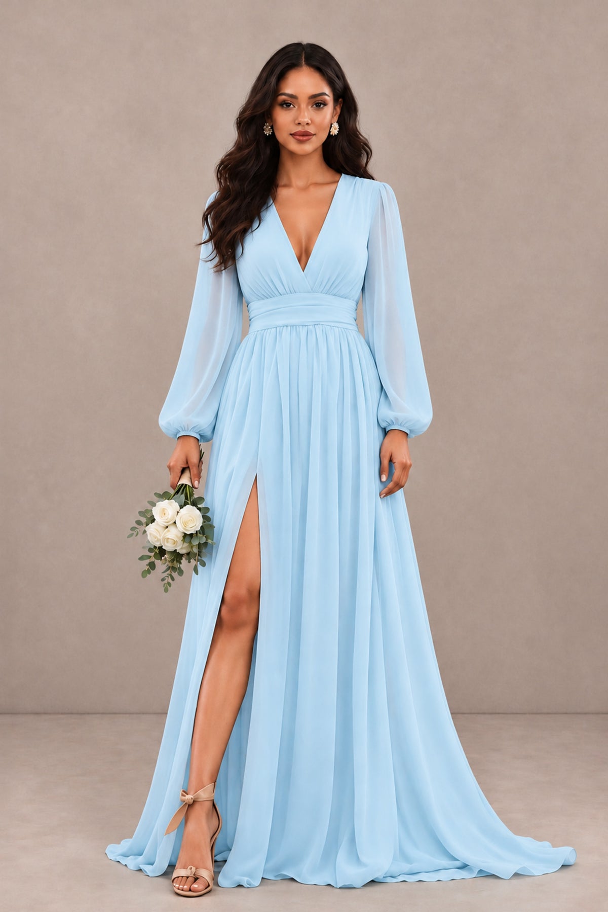 BOLODOO Light Blue Long Sleeve V-Neck A-Line Gown with Open Back & Slit - Light Blue - Light Blue_1