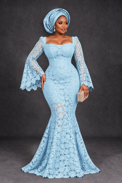 BOLODOO Light Blue African Lace Mermaid Dress, Plus Size Nigerian Wedding Guest Gown with Bell Sleeves - Light Blue - Light Blue_1