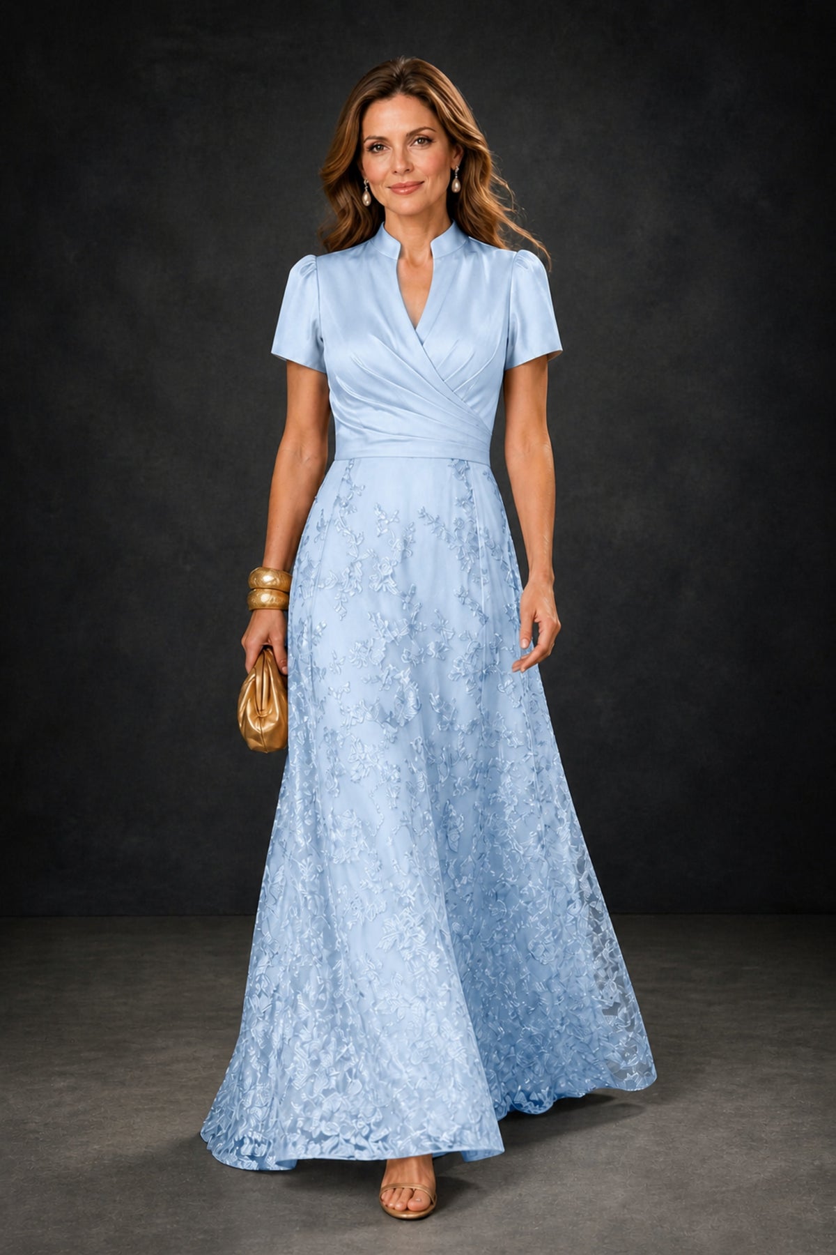 BOLODOO Light Blue Satin Wrap V-Neck Short Sleeve Lace Glitter A-Line Floor Length Evening Gown – Formal Dress - Light Blue