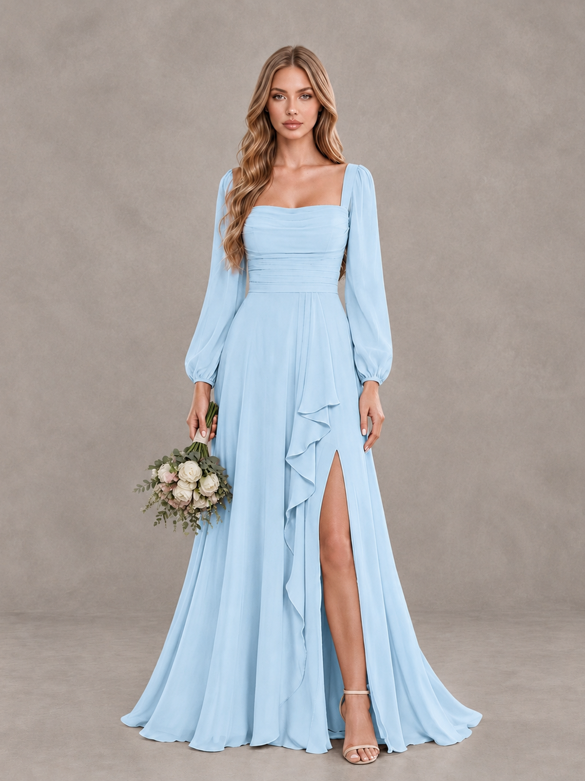BOLODOO Light Blue Square Neck Long Sleeve Bridesmaid Dress with Ruffle Slit - Light Blue - Light Blue_1