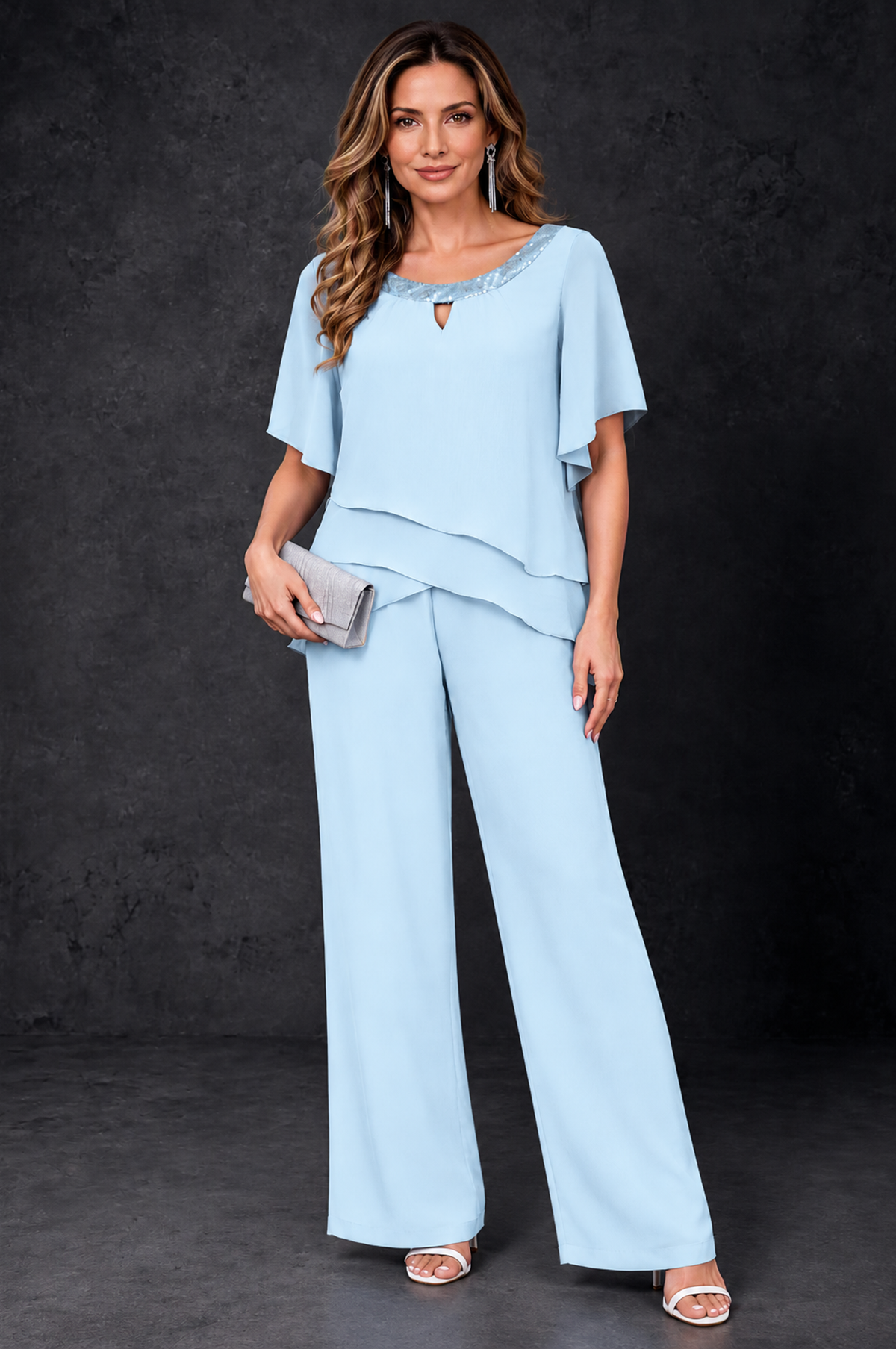 BOLODOO Light Blue Layered Chiffon-Look Mother of the Bride Pantsuit - Light Blue - Light_Blue_1
