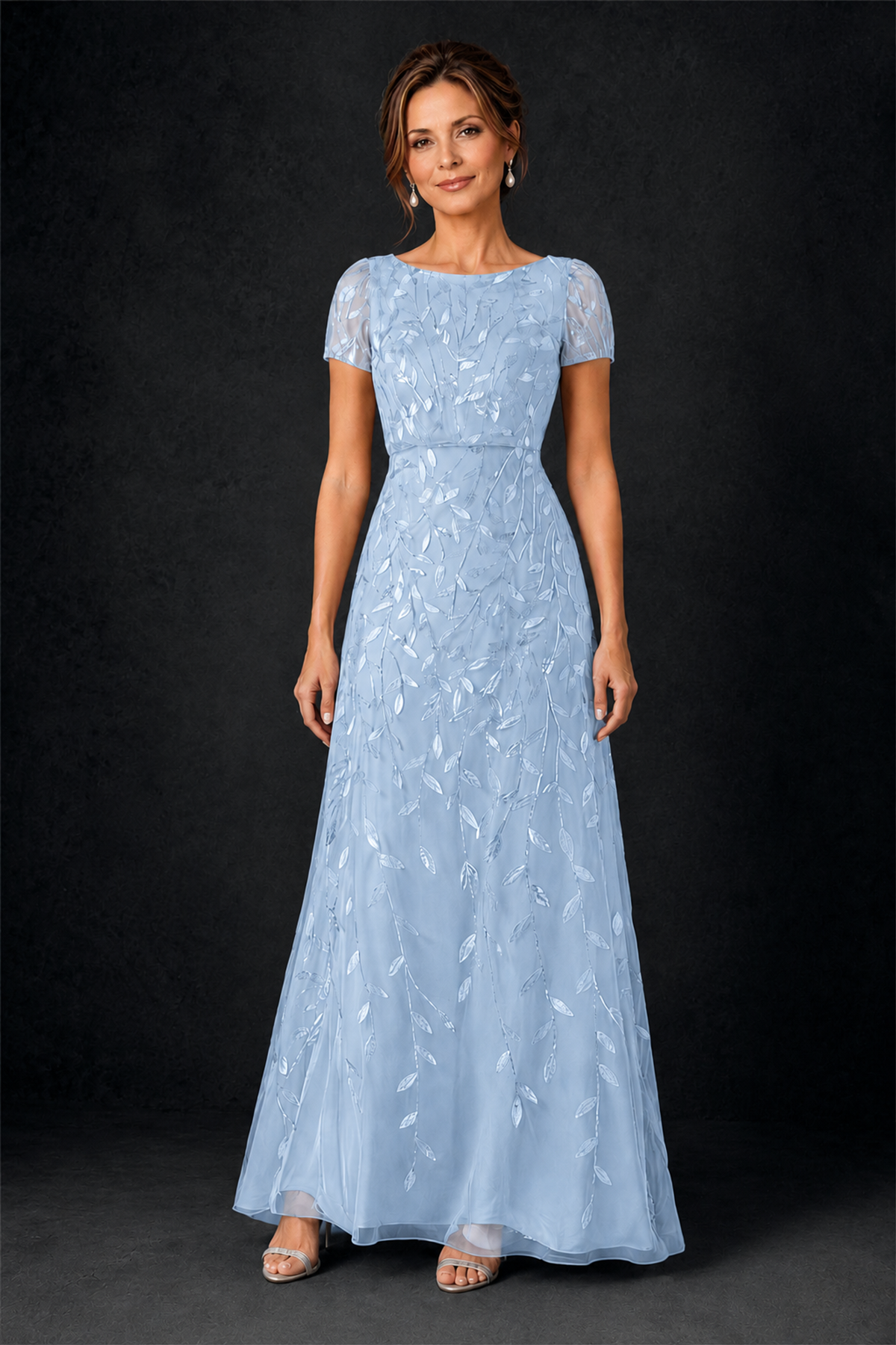 BOLODOO Light Blue Leaf Embroidered A-Line Formal Gown with Cap Sleeves - Light Blue - Light_Blue_1