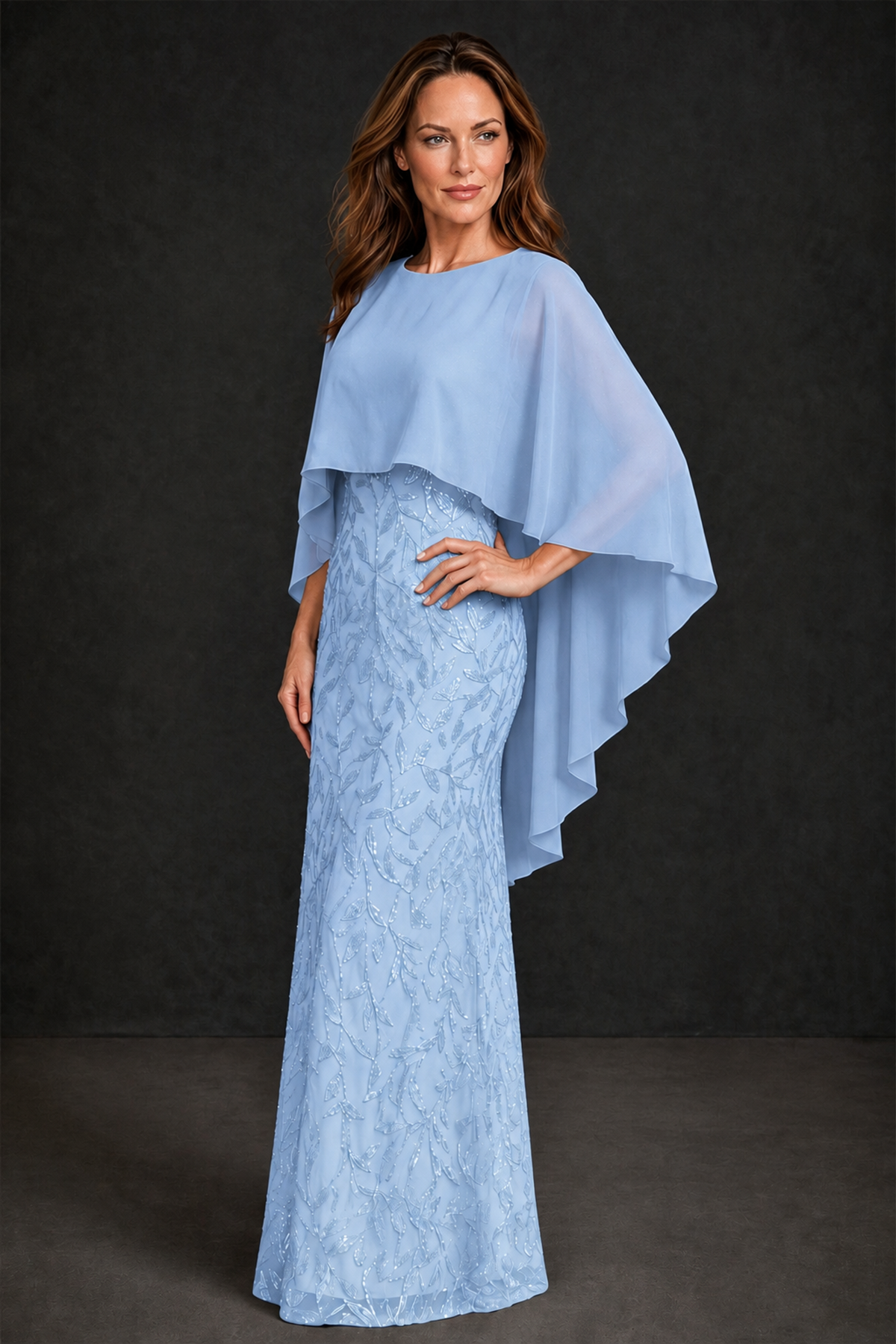 BOLODOO Light Blue Round Neck Chiffon Cape Overlay Sequin Lace Mermaid Maxi Dress - Light Blue - Light Blue_1