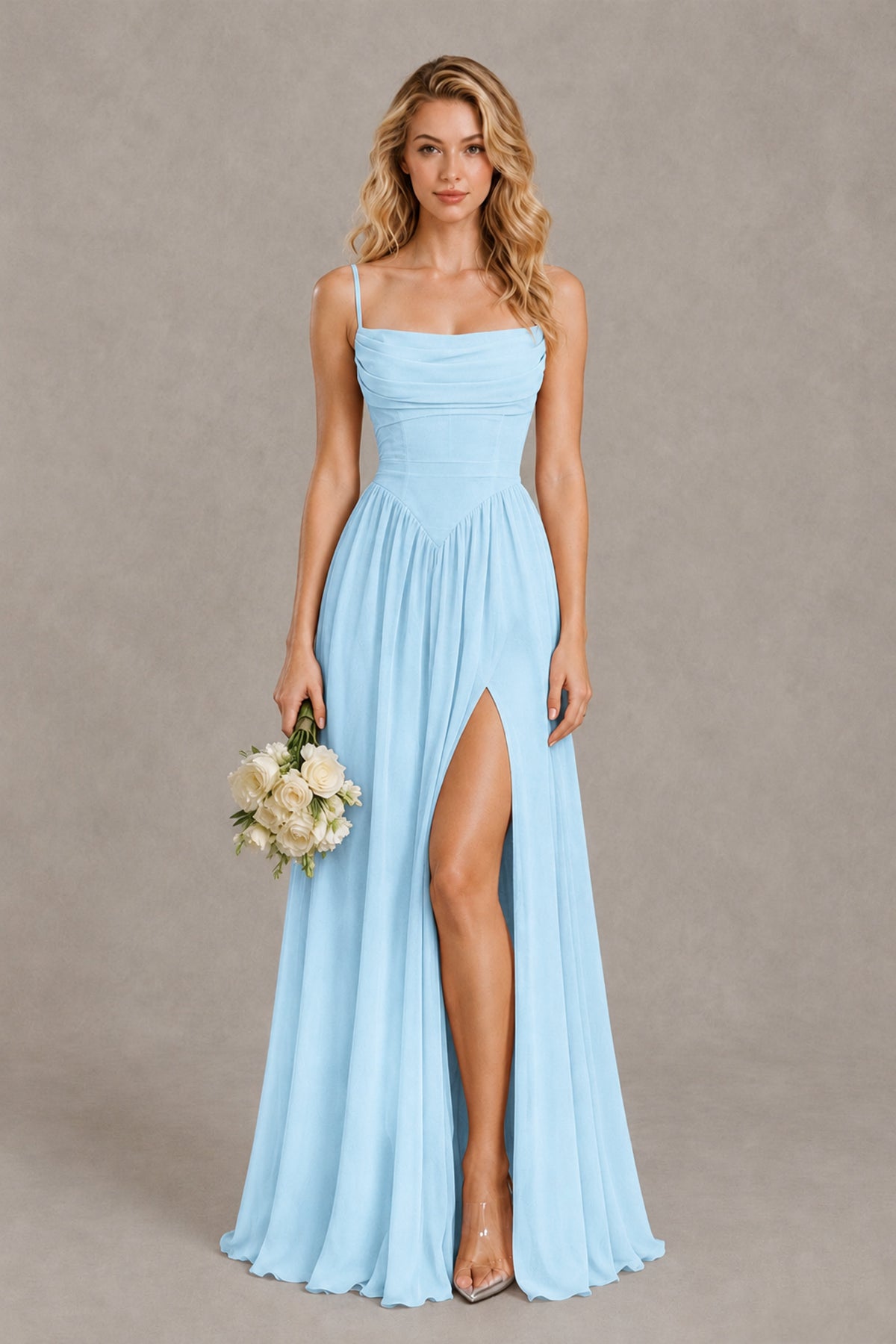 BOLODOO Light Blue Spaghetti Strap A-Line Bridesmaid Dress with Slit - Light Blue - Light Blue_1