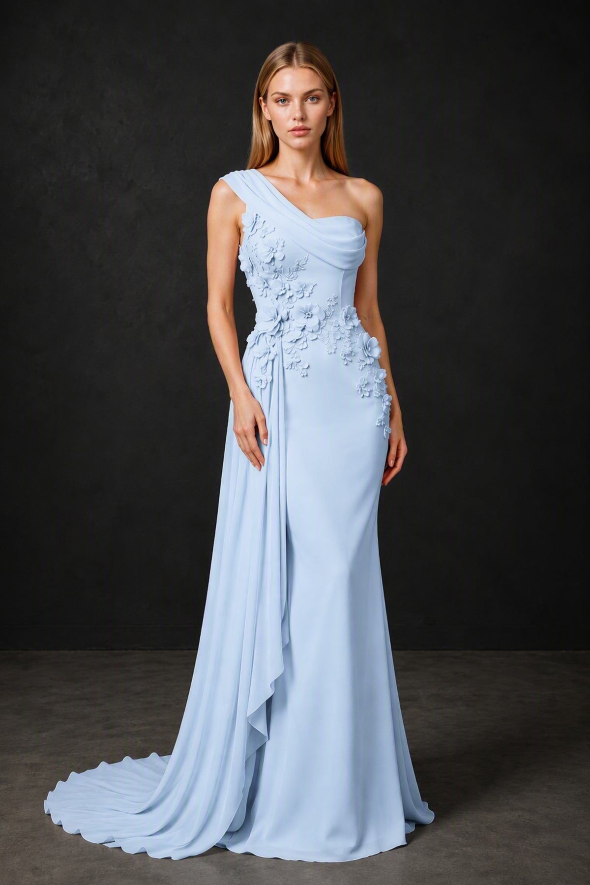 BOLODOO Light Blue One-Shoulder 3D Floral Appliqué Chiffon Gown with Open Back - Light Blue