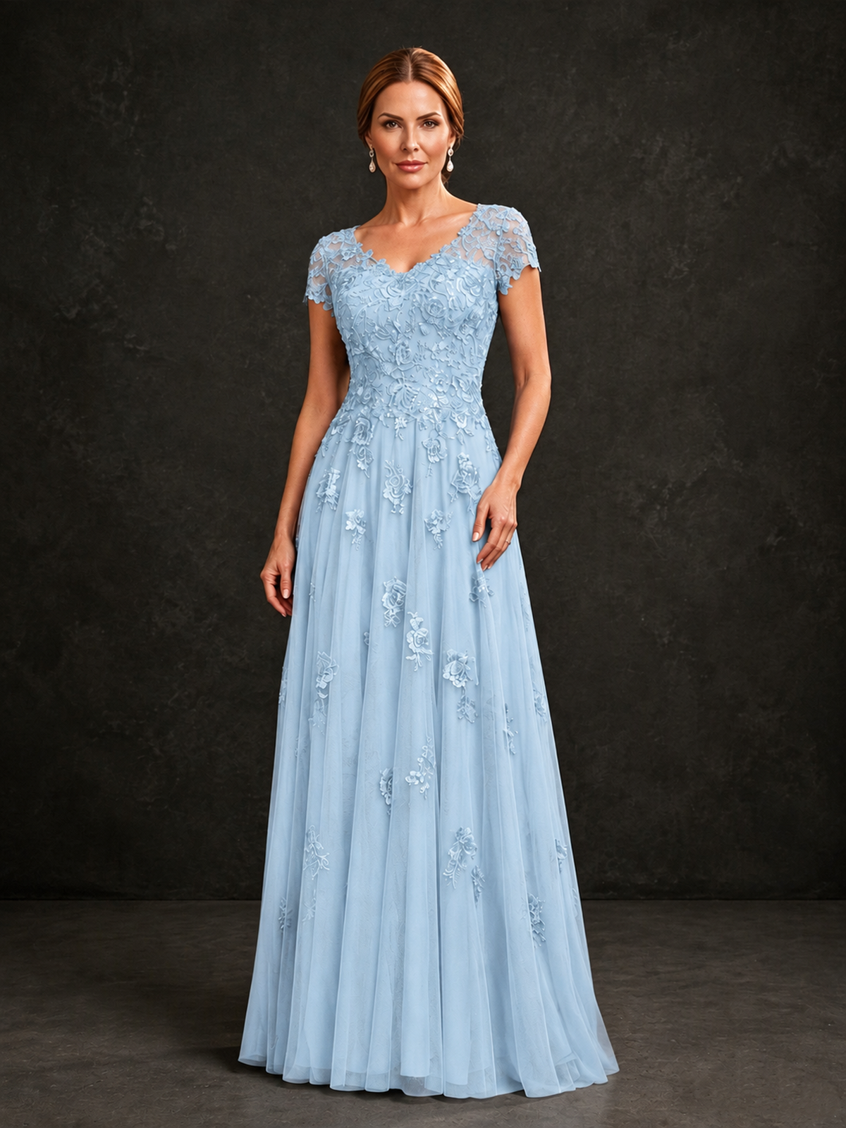 BOLODOO Light Blue Cap Sleeve Lace Appliqué A-Line Formal Gown | Mother of the Bride Dress - Light Blue - Light Blue_1