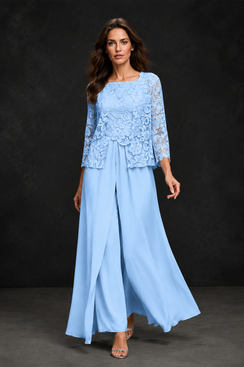 BOLODOO Light Blue Grey Lace Peplum Top & Wide-Leg Chiffon Pants Set | Mother of the Bride & Formal Evening Outfit - Light Blue