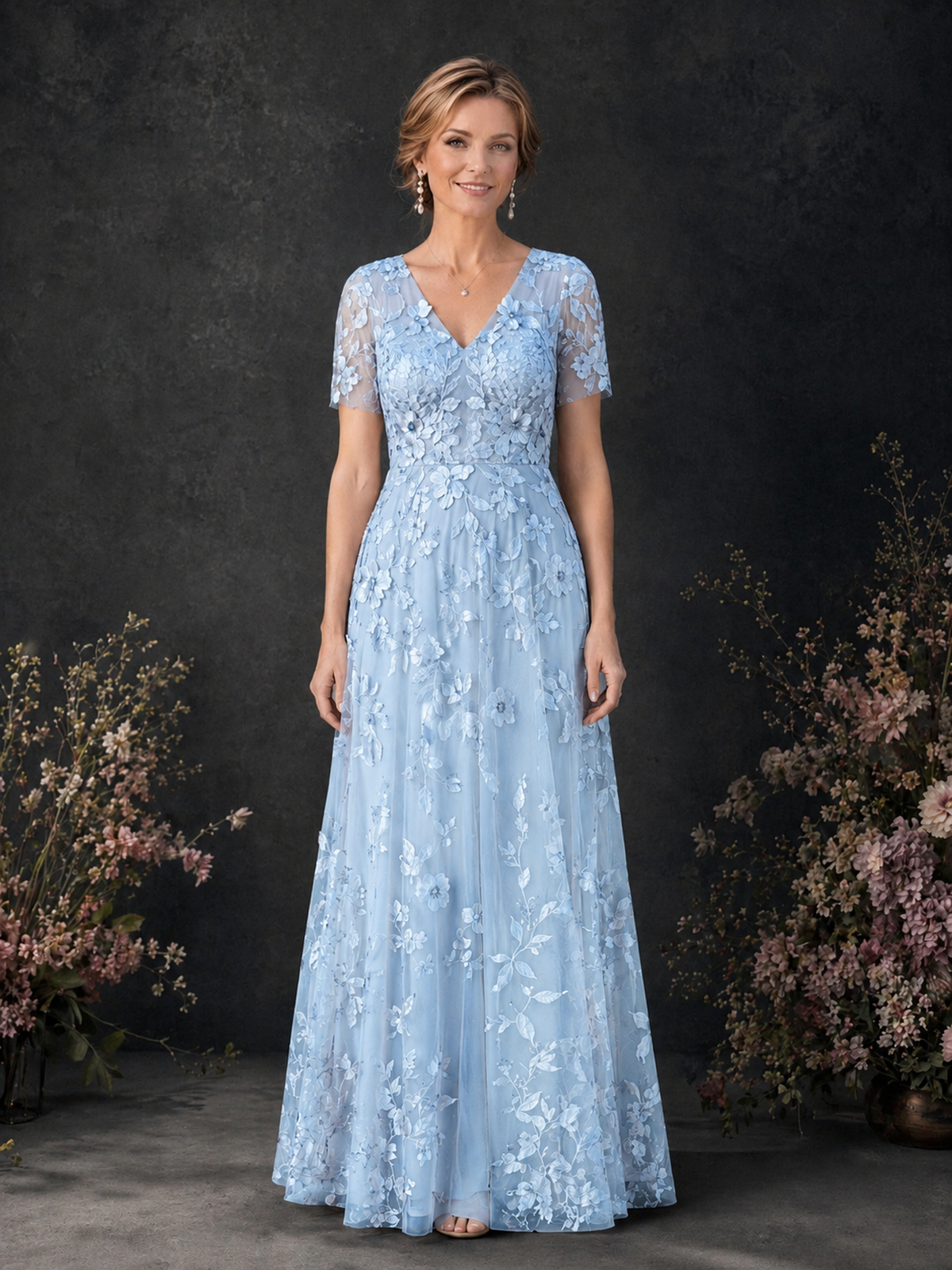 BOLODOO Light Blue 3D Floral Embroidered Lace V-Neck Short Sleeve A-Line Maxi Dress - Light Blue