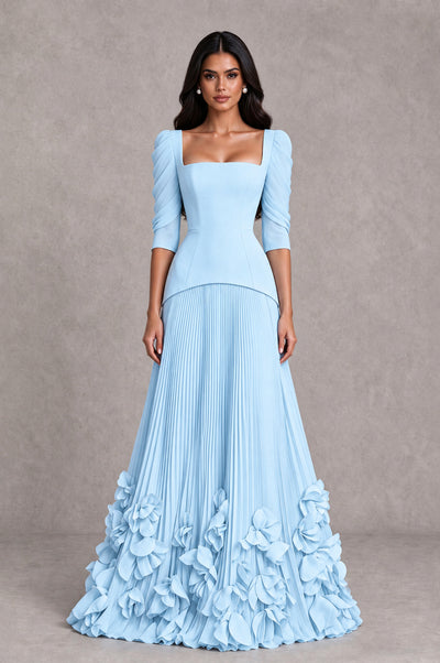 BOLODOO Light Blue Square Neck Pleated Floral Applique Evening Dress - Light Blue - Light Blue_1
