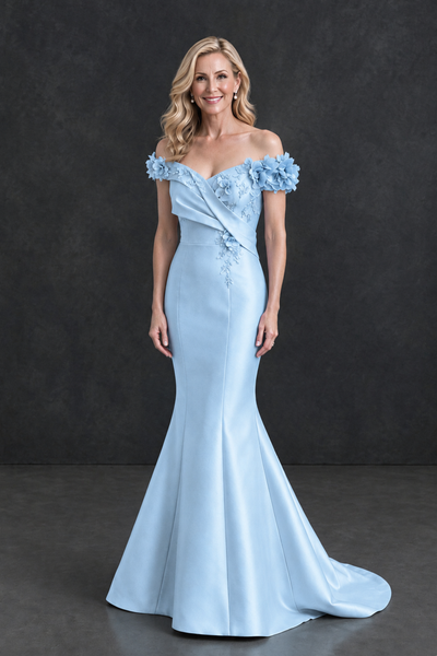 BOLODOO Light Blue Off-Shoulder Floral Mermaid Mother of the Bride Dress - Light Blue - Light Blue_1