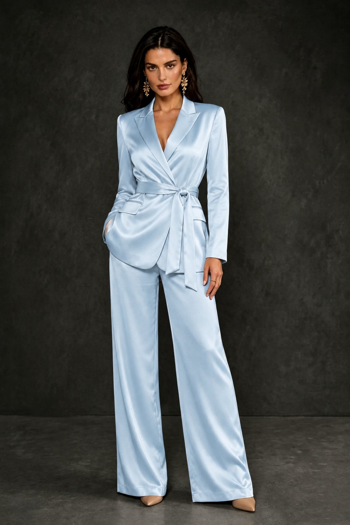 BOLODOO Light Blue Satin Wrap Blazer Wide-Leg Pants Two-Piece Suit Set – Evening Gala Wedding Guest - Light Blue
