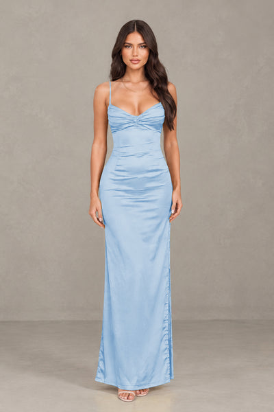BOLODOO Light Blue Satin Cowl Neck Open Back Mermaid Maxi Dress with Side Slit - Light Blue