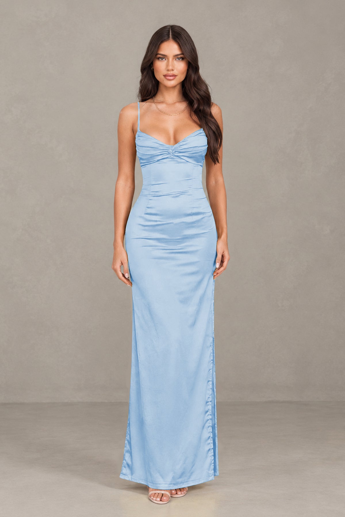 BOLODOO Light Blue Satin Cowl Neck Open Back Mermaid Maxi Dress with Side Slit - Light Blue