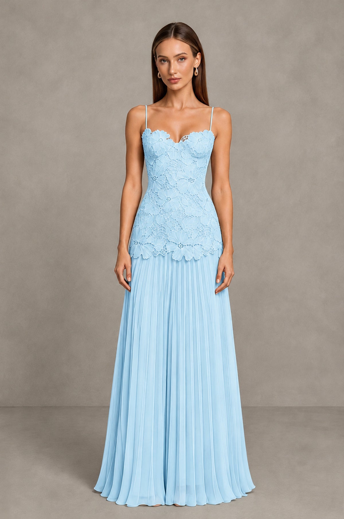 BOLODOO Light Blue Lace Bodice Pleated Wedding Guest Dress - Light Blue - Light Blue_1