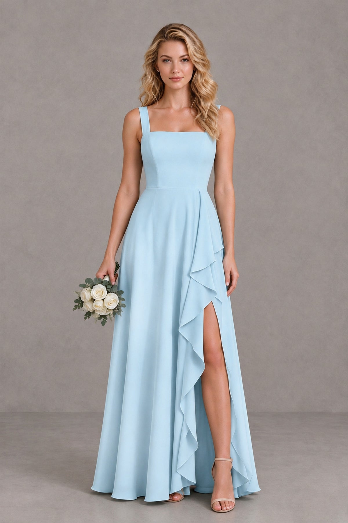BOLODOO Light Blue Square Neck Ruffle A-Line Bridesmaid Dress with Slit - Light Blue - Light Blue_1