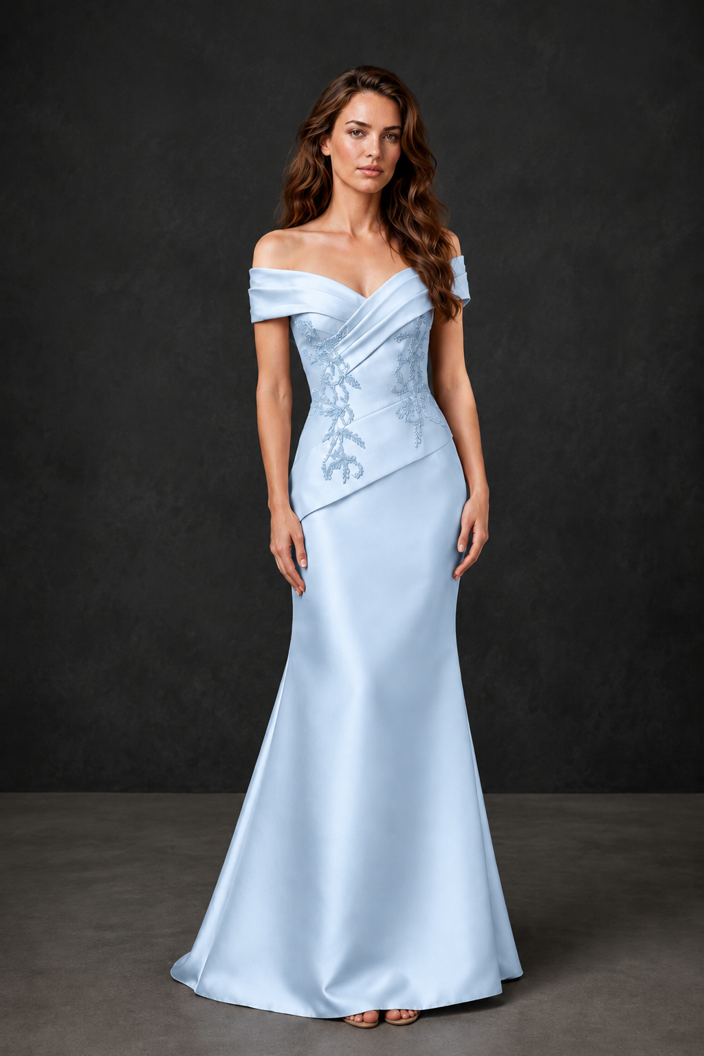 BOLODOO Light Blue Satin Off-Shoulder Sweetheart Asymmetric Peplum Mermaid Gown with Light Blue Floral Embroidery | MOB Evening Dress - Light Blue
