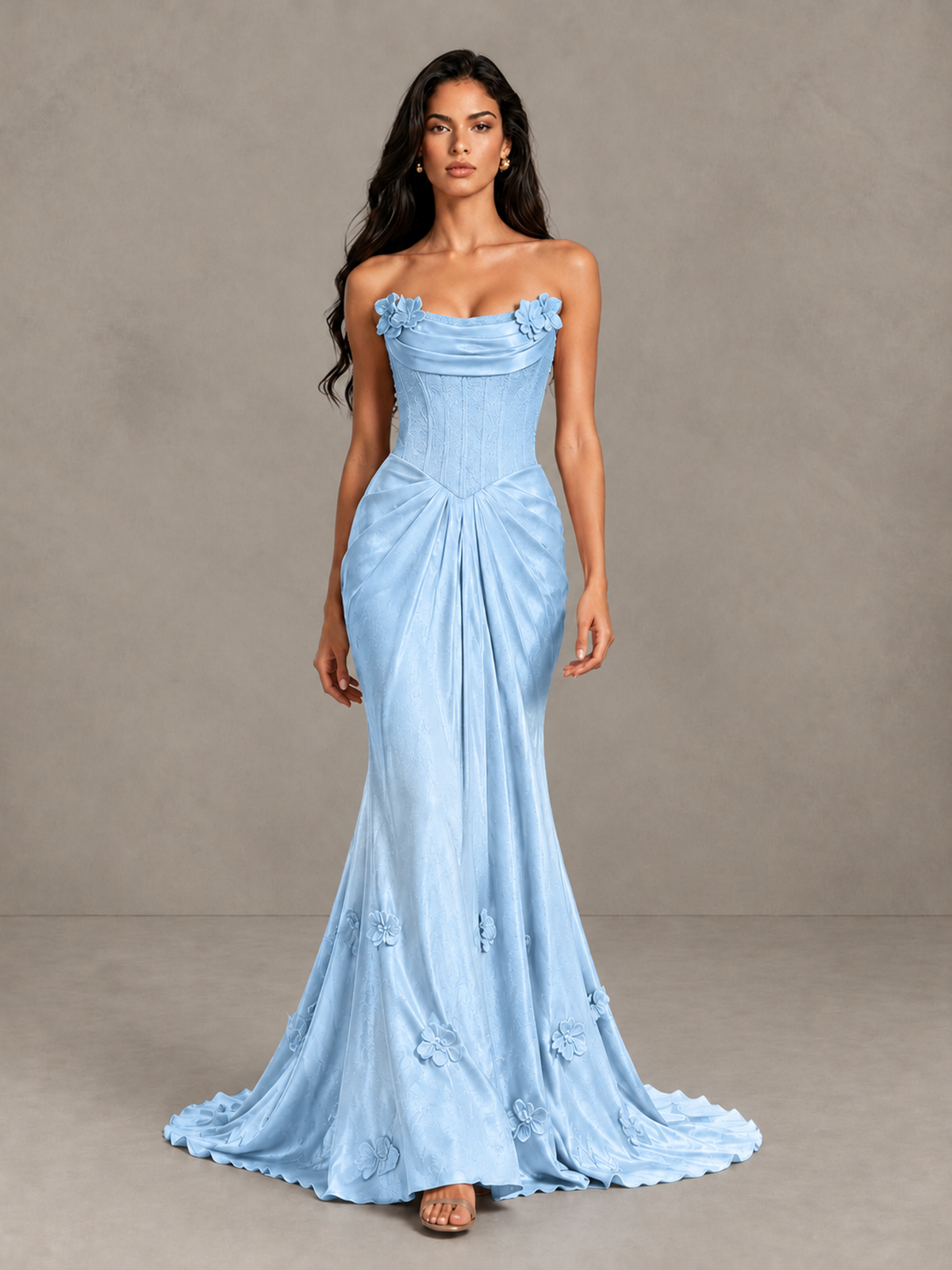 BOLODOO Light Blue Strapless Floral Corset Evening Gown with Train - Light Blue - Light Blue_1