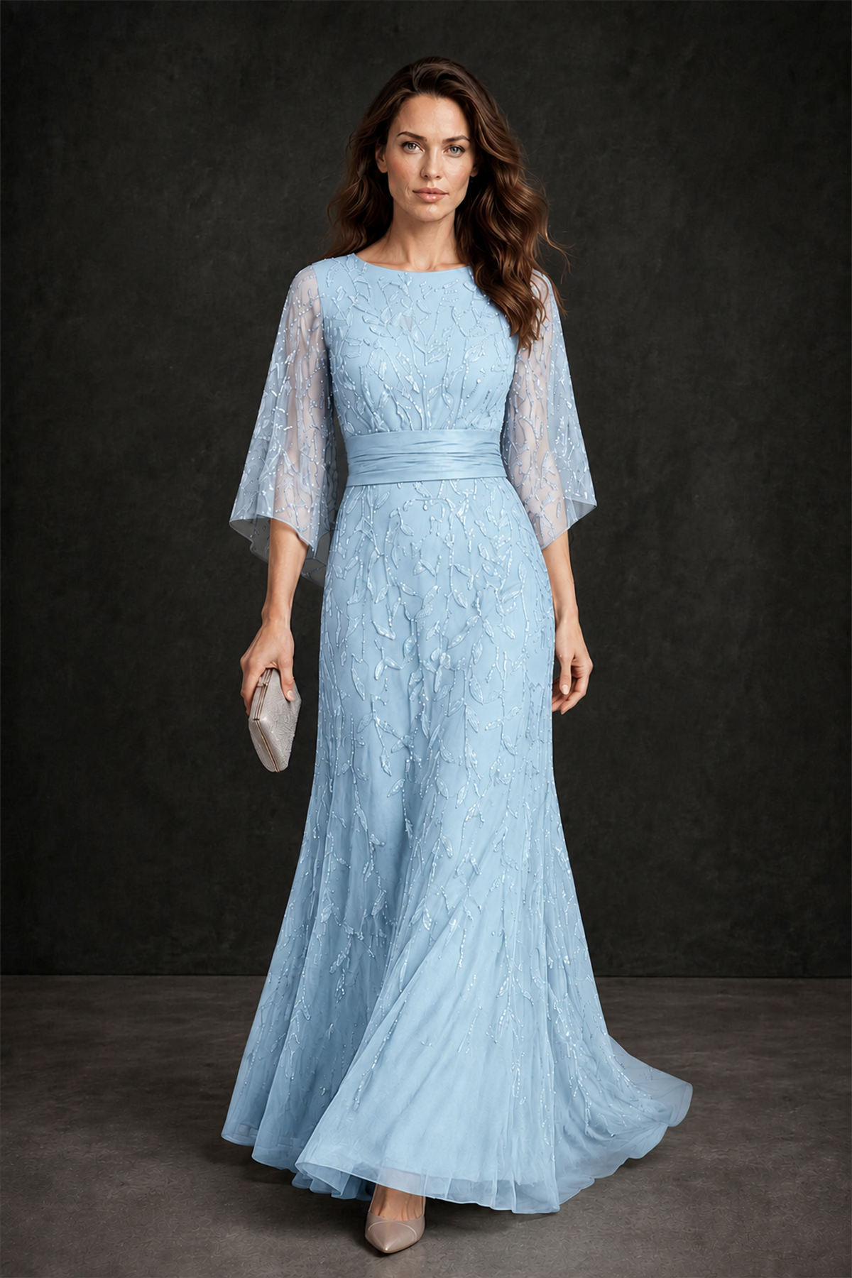BOLODOO Light Blue Bateau Neck Bell Sleeve Sequin Embroidered Satin Waist A-Line Maxi Dress - Light Blue - Light_Blue_1