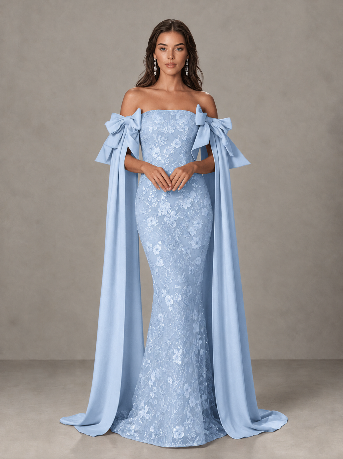 BOLODOO Light Blue Floral Lace Mermaid Prom Dress with Off-Shoulder Bows - Light Blue - Light Blue(1)