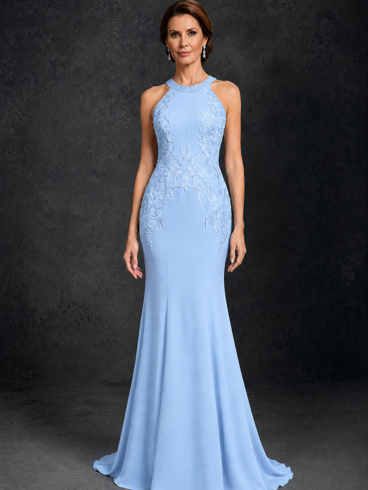 BOLODOO Light Blue Lace Applique Halter Neck Sheer Back Mermaid Maxi Dress with Sweep Train - Light Blue