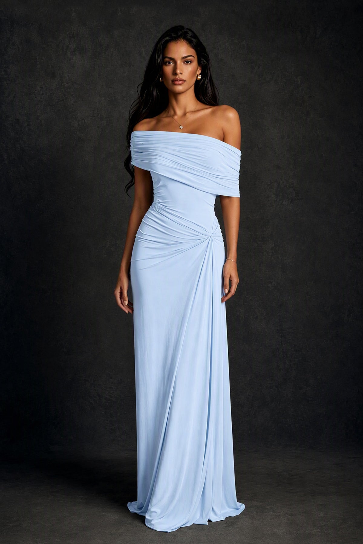BOLODOO Light Blue Off-Shoulder Ruched Maxi Dress - Light Blue