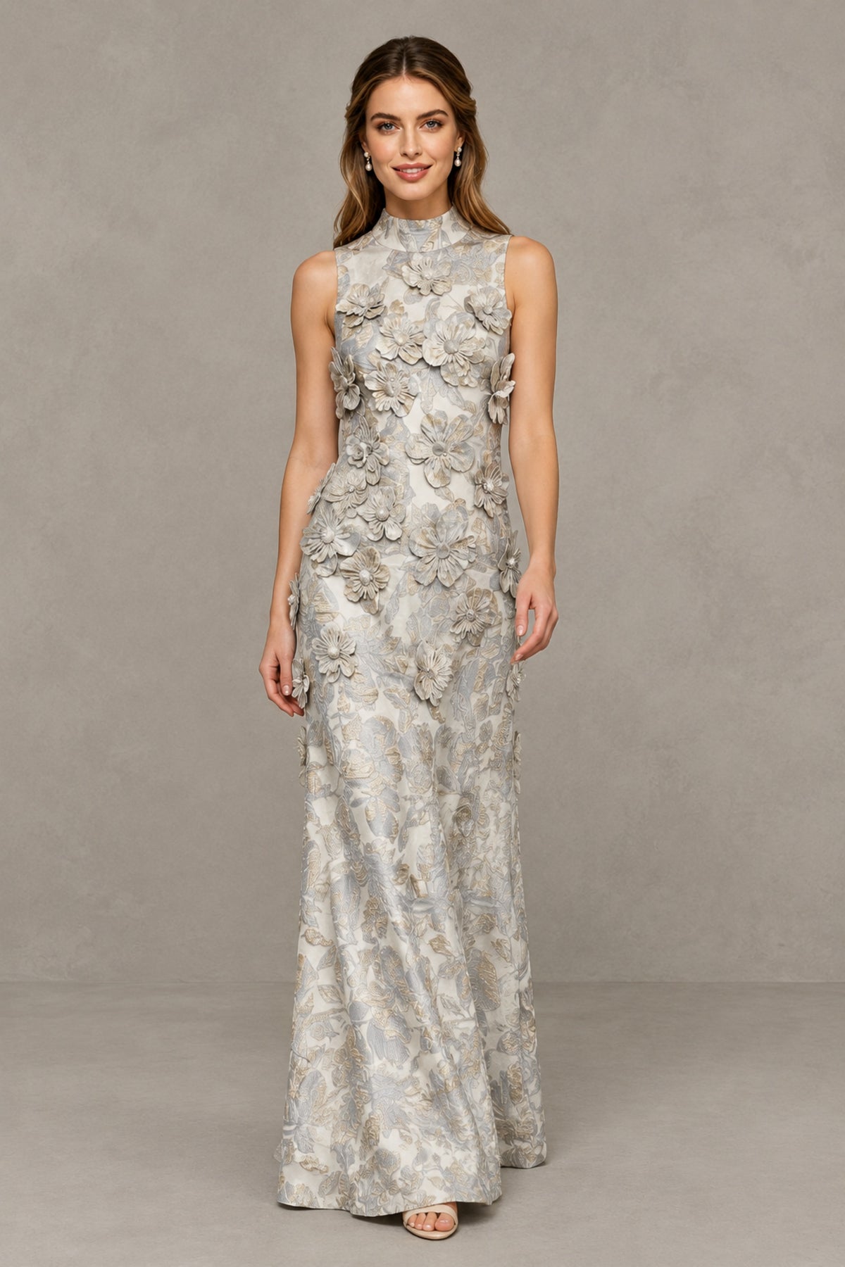 BOLODOO Light Blue High Neck Sleeveless 3D Floral Evening Gown - Light Blue