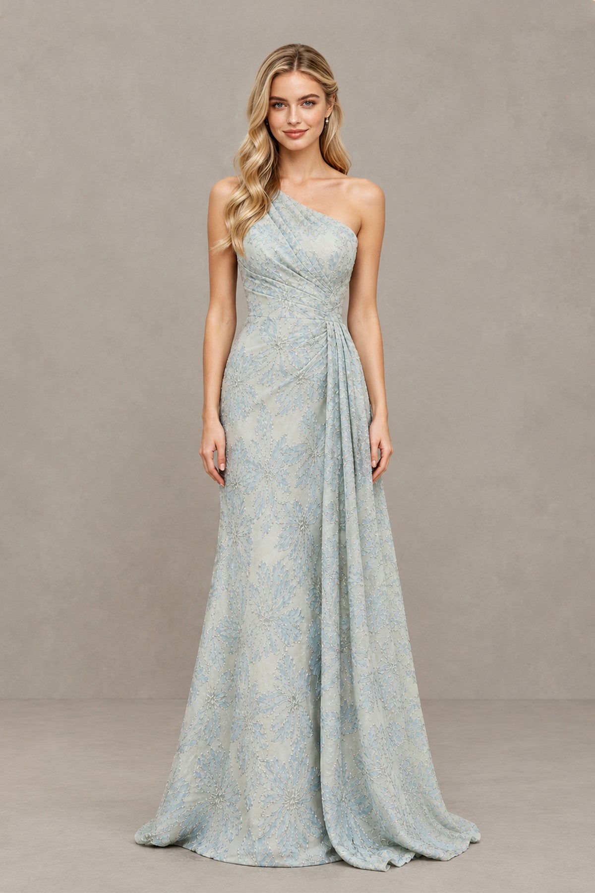 BOLODOO Light Blue One-Shoulder Textured Formal Gown - Light Blue