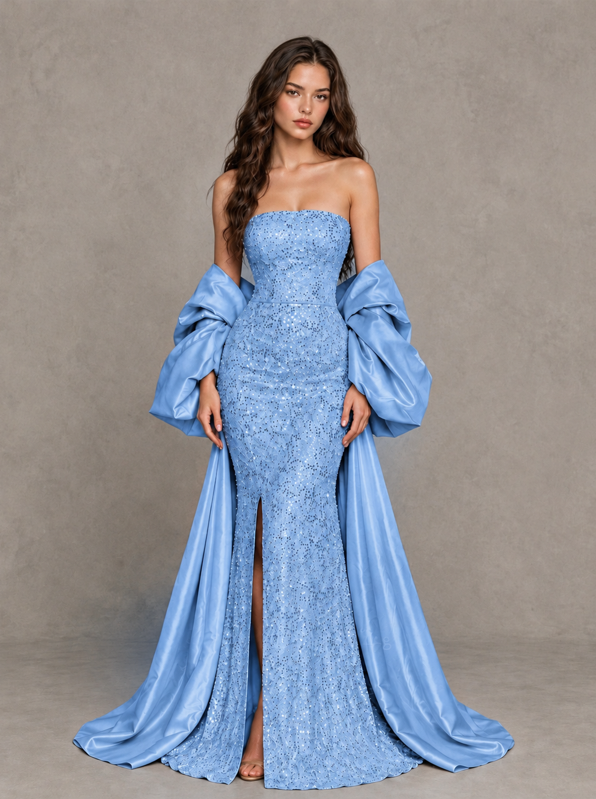 BOLODOO Light Blue Strapless Sparkle Mermaid Prom Dress with Front Slit and Draped Sleeves - Light Blue - Light Blue_1