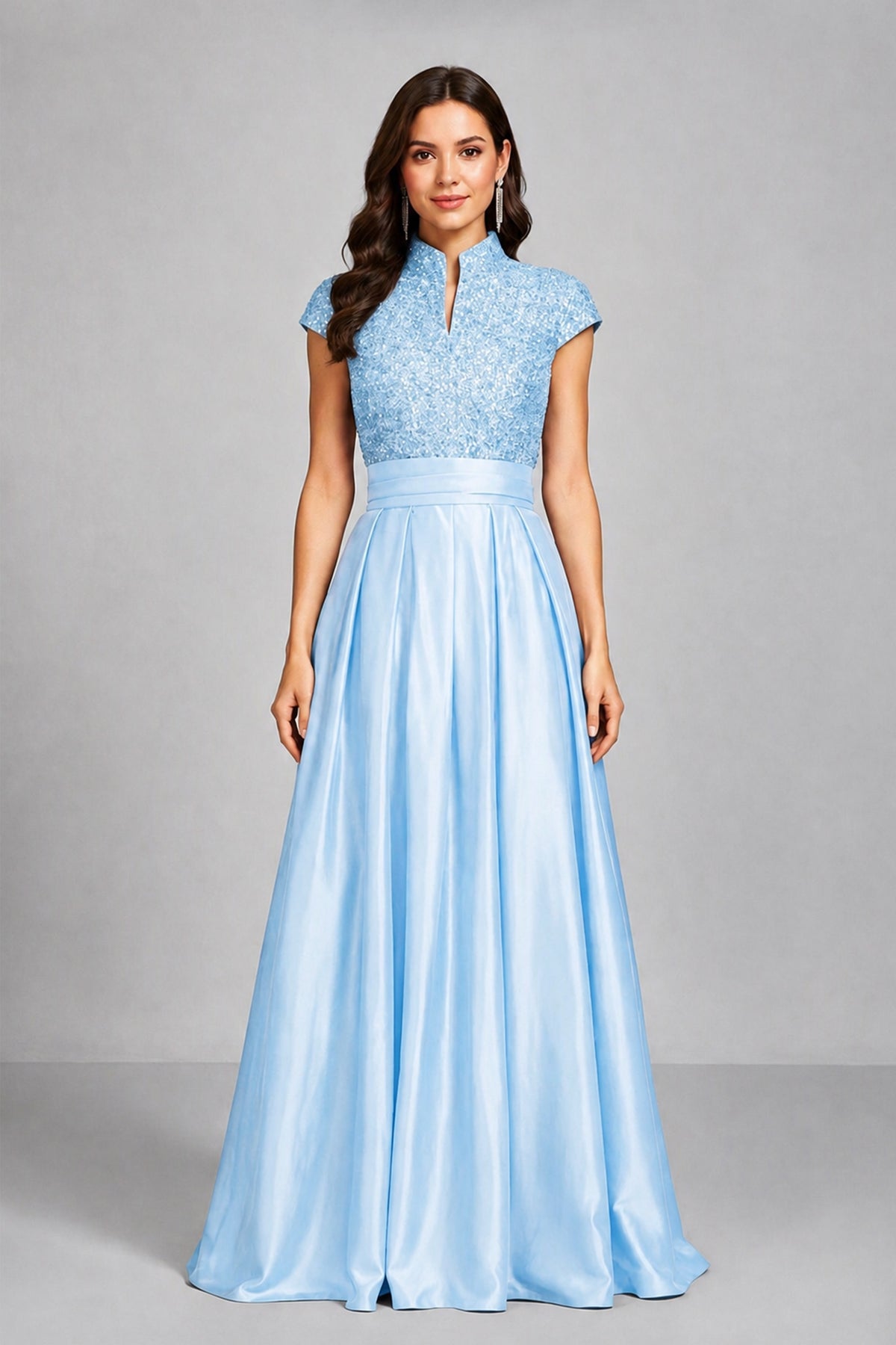 BOLODOO Light Blue Sequin Embroidered High Neck Cap Sleeve A-Line Ball Gown – Formal Evening Dress - Light Blue