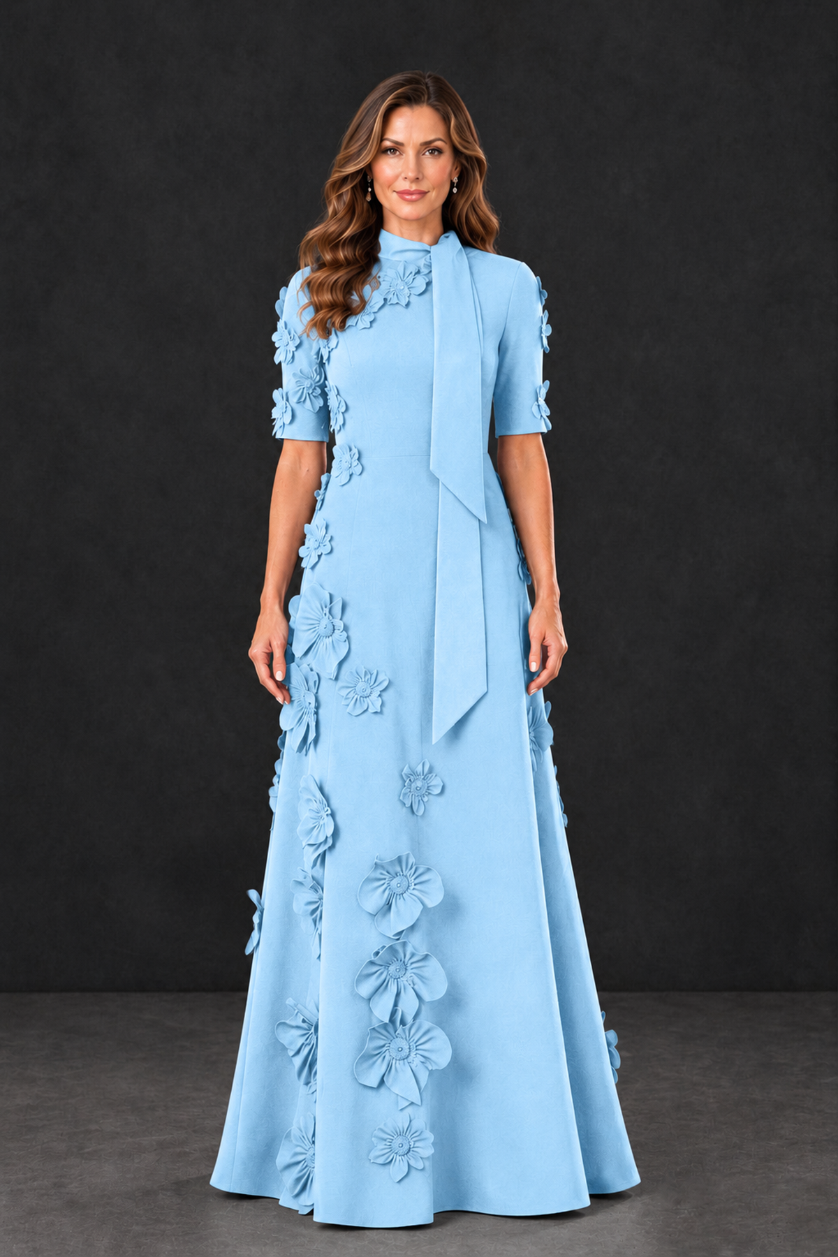 BOLODOO Light Blue Floral Applique High-Neck Half-Sleeve Gown - Light Blue - Light Blue_1