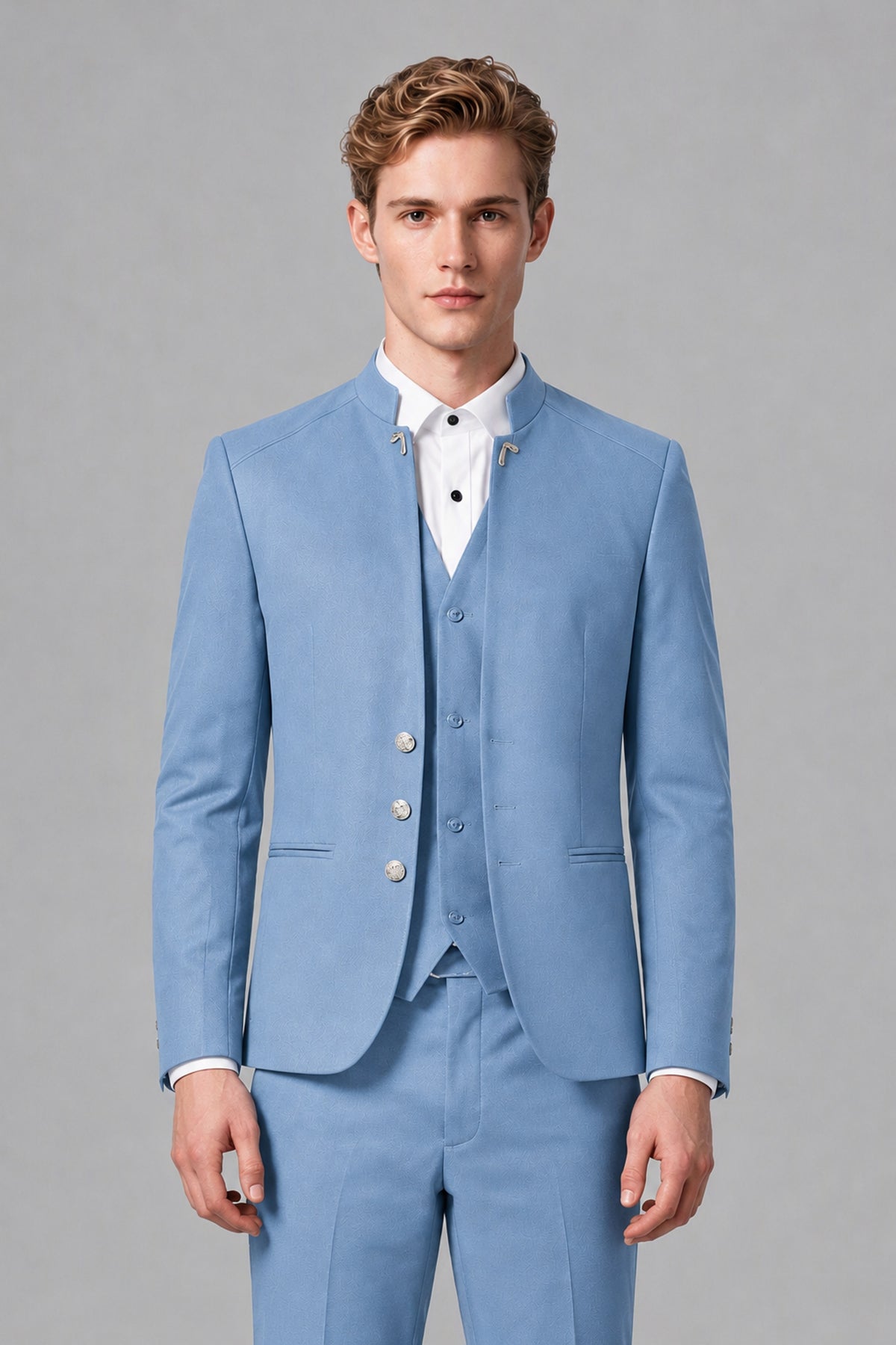 Mandarin Color:blue Bolodoo Men's Light Blue 3-Piece Suit – Mandarin Collar Jacket, Vest ...