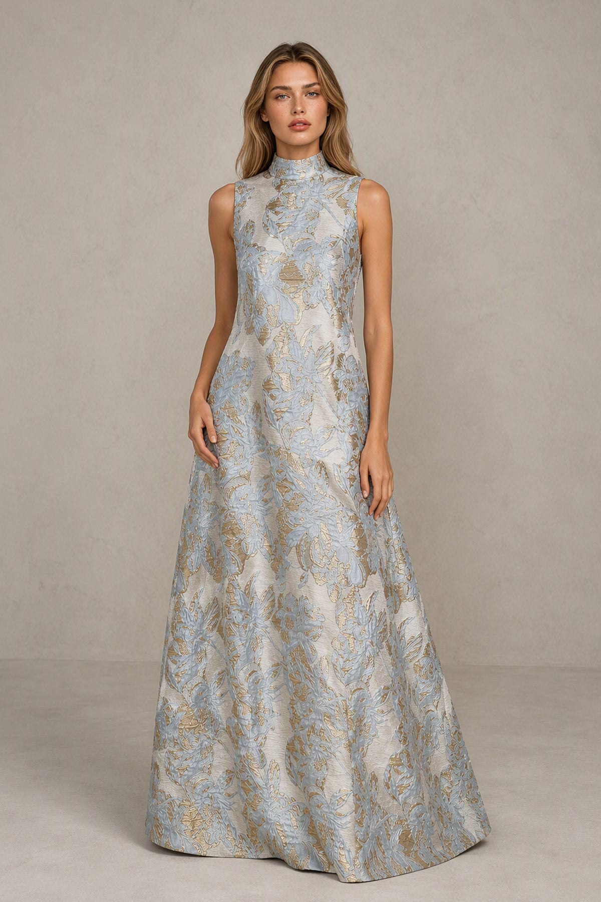 BOLODOO Light Blue Jacquard High Neck Sleeveless A-Line Maxi Dress – Wedding Guest & Formal Evening Gown - Light Blue