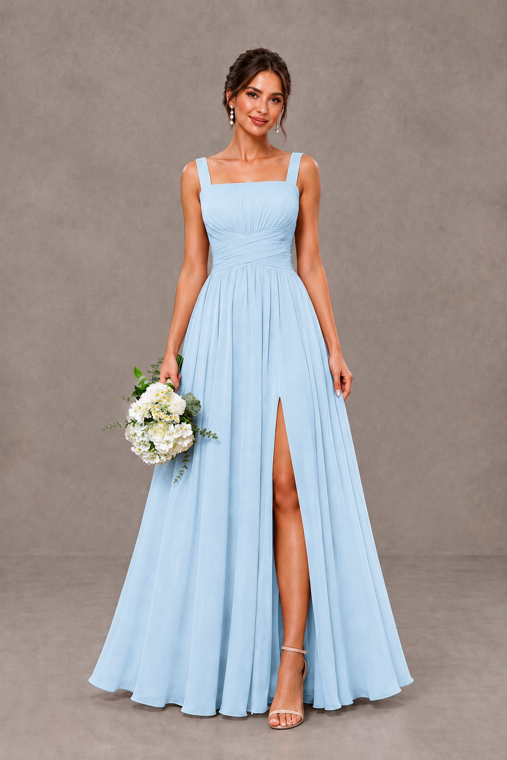 BOLODOO Light Blue Square Neck A-Line Bridesmaid Dress with Slit - Light Blue - Light Blue_1
