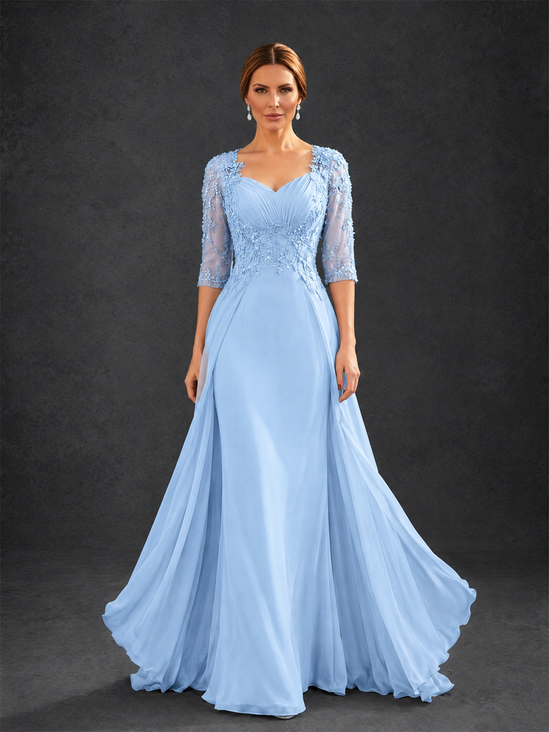 BOLODOO Light Blue Sweetheart Neck 3/4 Sleeve Floral Lace Illusion Bodice Chiffon A-Line Gown - Light Blue