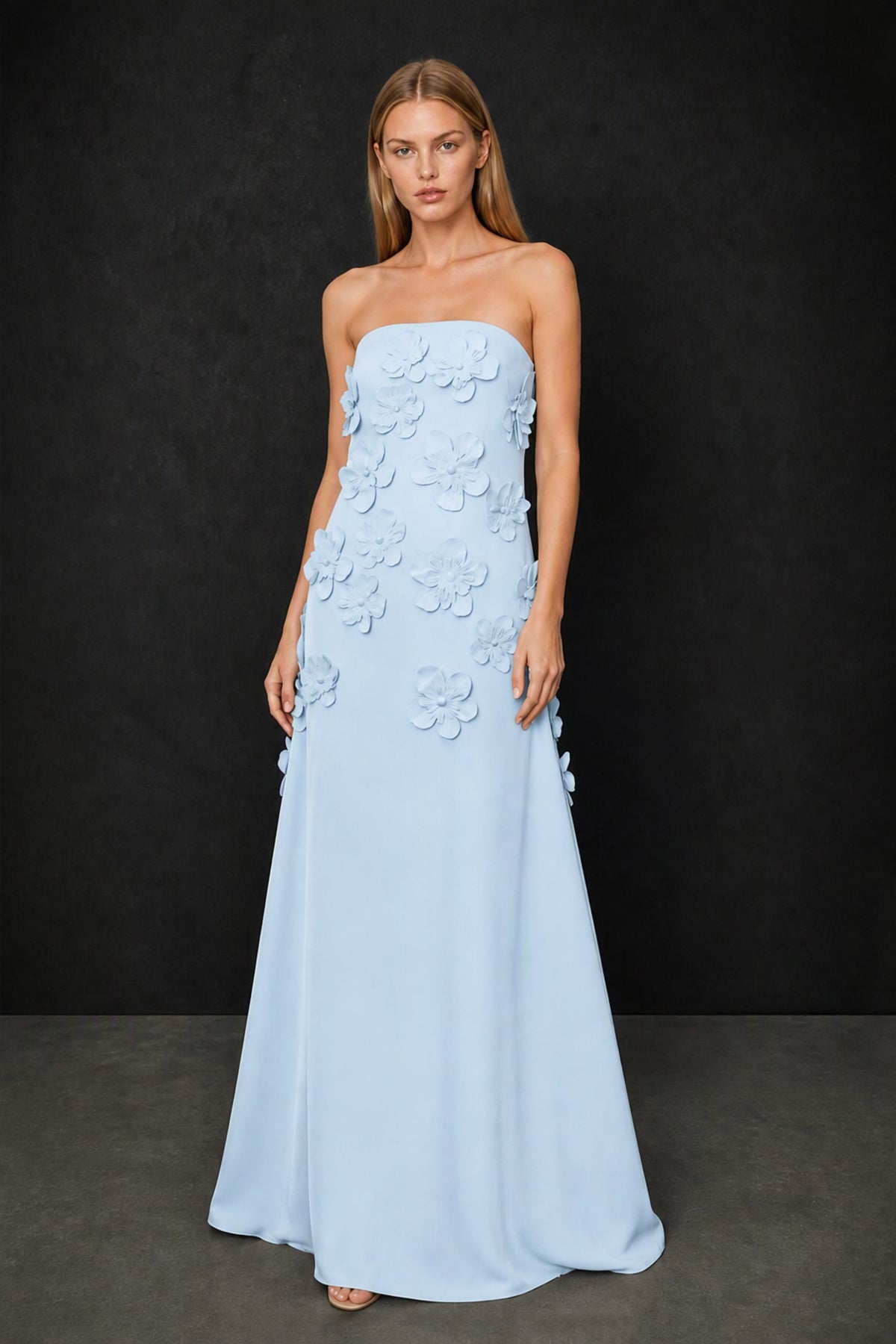 BOLODOO Light Blue Strapless 3D Floral Appliqué Crepe Mermaid Maxi Gown - Light Blue