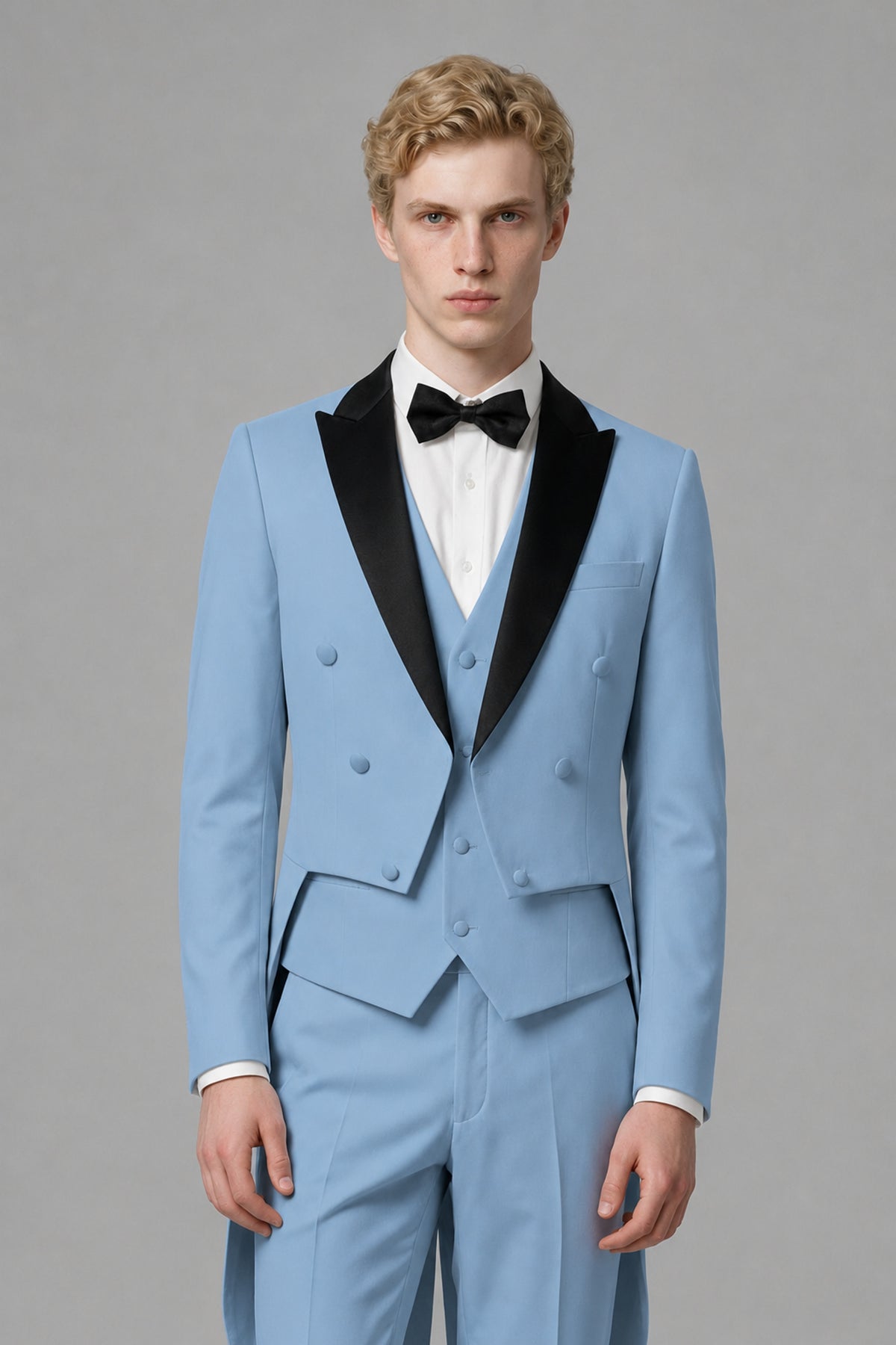 Bolodoo Men's Light Blue 3-Piece Tailcoat Tuxedo Suit with Vest & Trousers - Light Blue - Light Blue_1