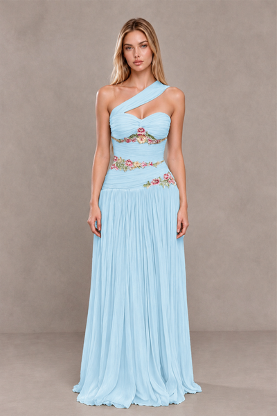 BOLODOO Light Blue One-Shoulder Floral Applique A-Line Evening Dress - Light Blue - Light Blue_1