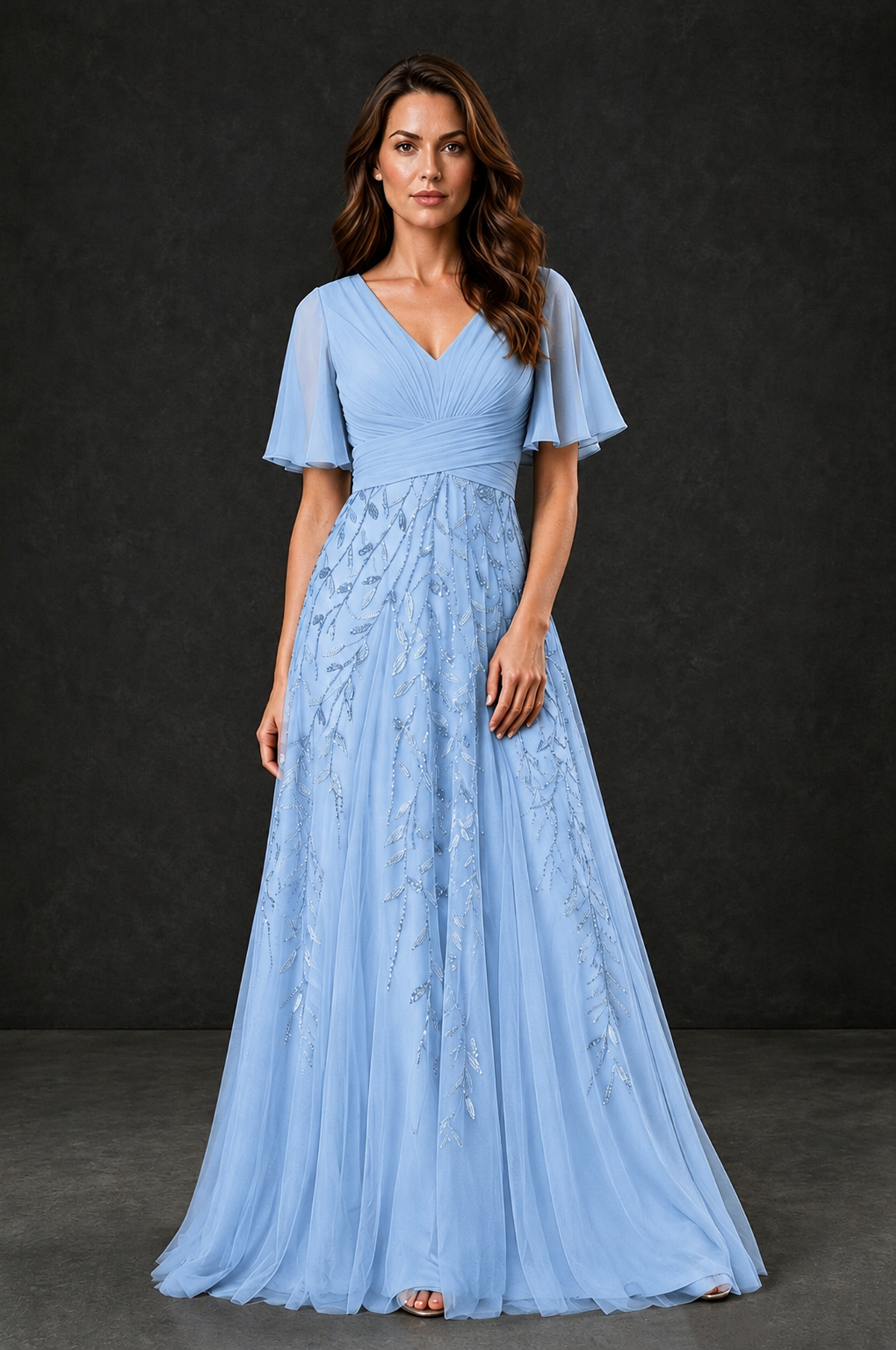 BOLODOO Light Blue V-Neck Flutter Sleeve Beaded Botanical Tulle A-Line Gown | Mother of the Bride Evening Dress - Light Blue - Light Blue_1